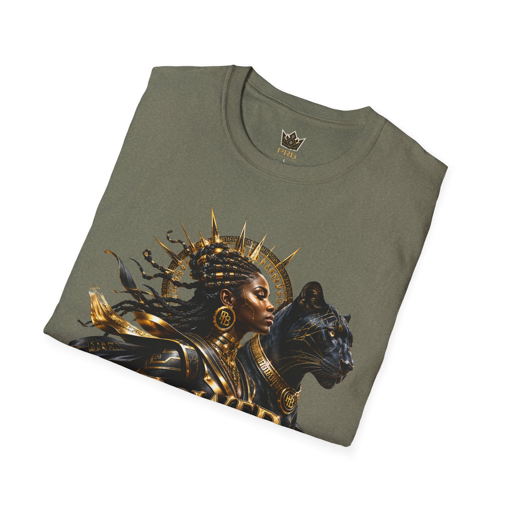 Power Runs Black PRB | Black Woman Portrait, Gold Accents Panther Graphics T by Power Runs Black