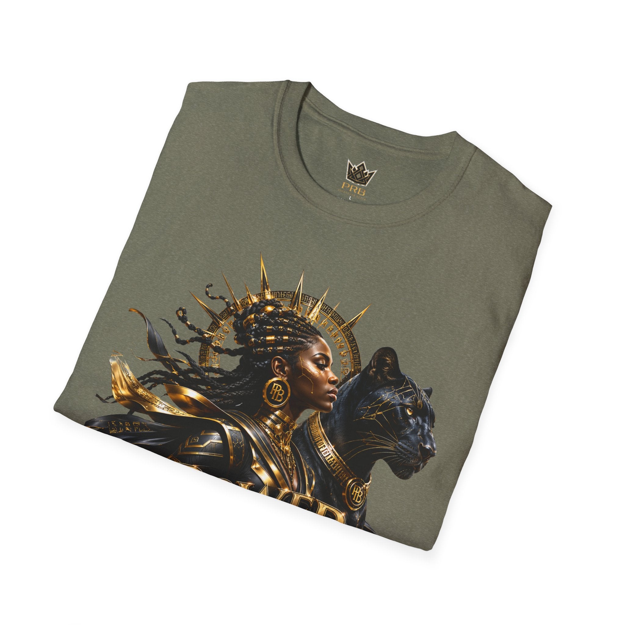 Power Runs Black PRB | Black Woman Portrait, Gold Accents Panther Graphics T by Power Runs Black