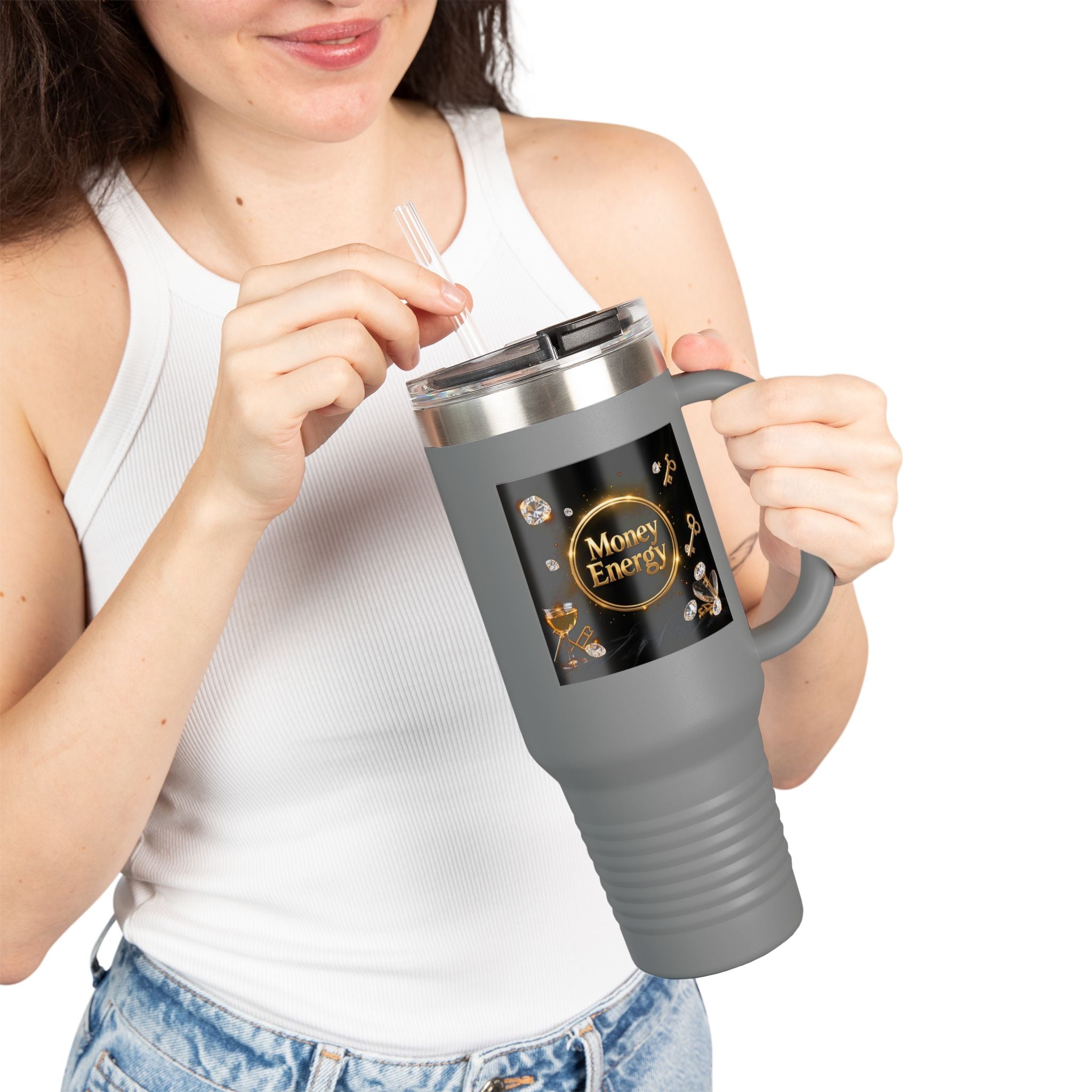 PRB 40oz Insulated Travel Mug — "Money Energy" Motivational Design by Printify