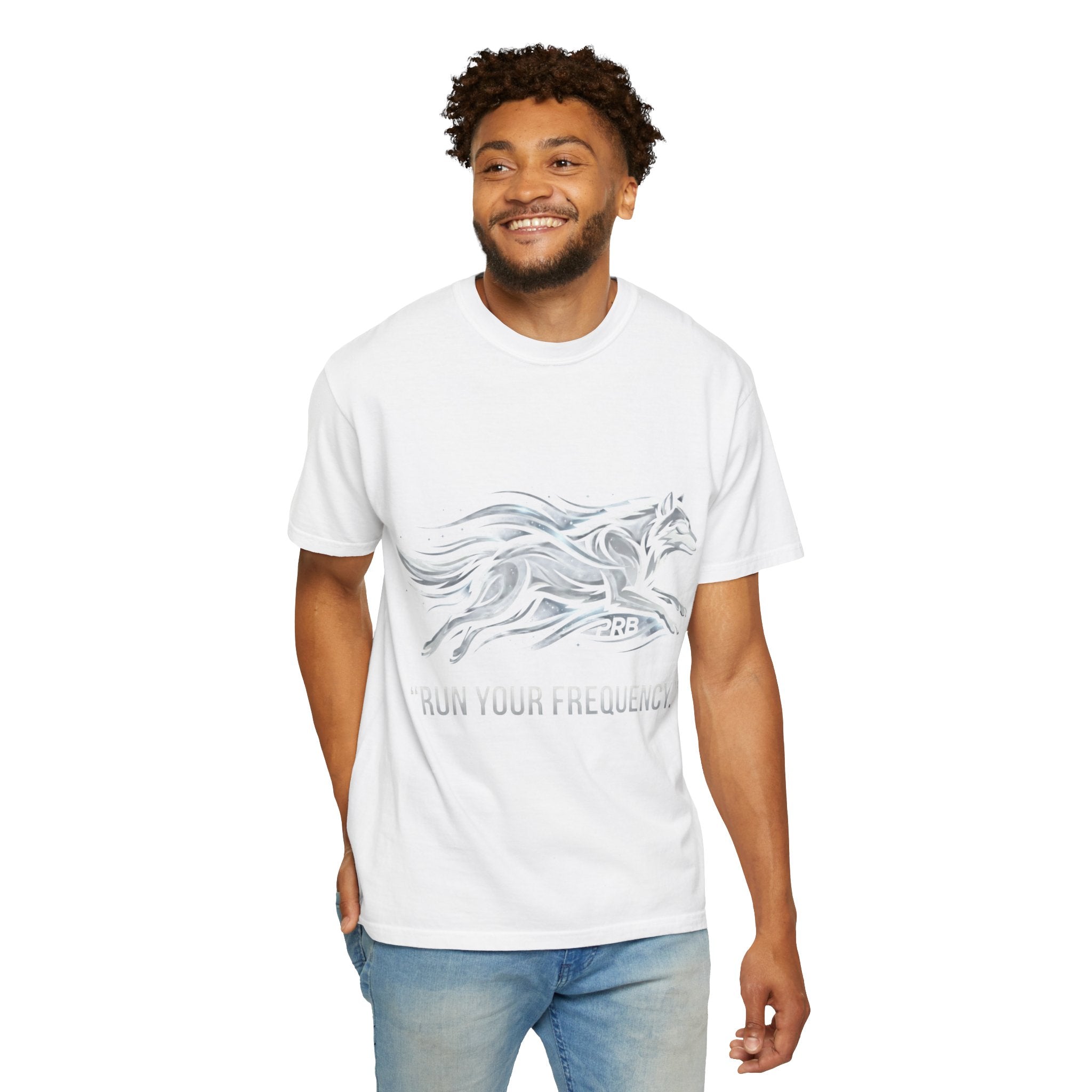 Wolf Graphic T-Shirt — 'Run Your Frequency' Motivational Tee by Printify