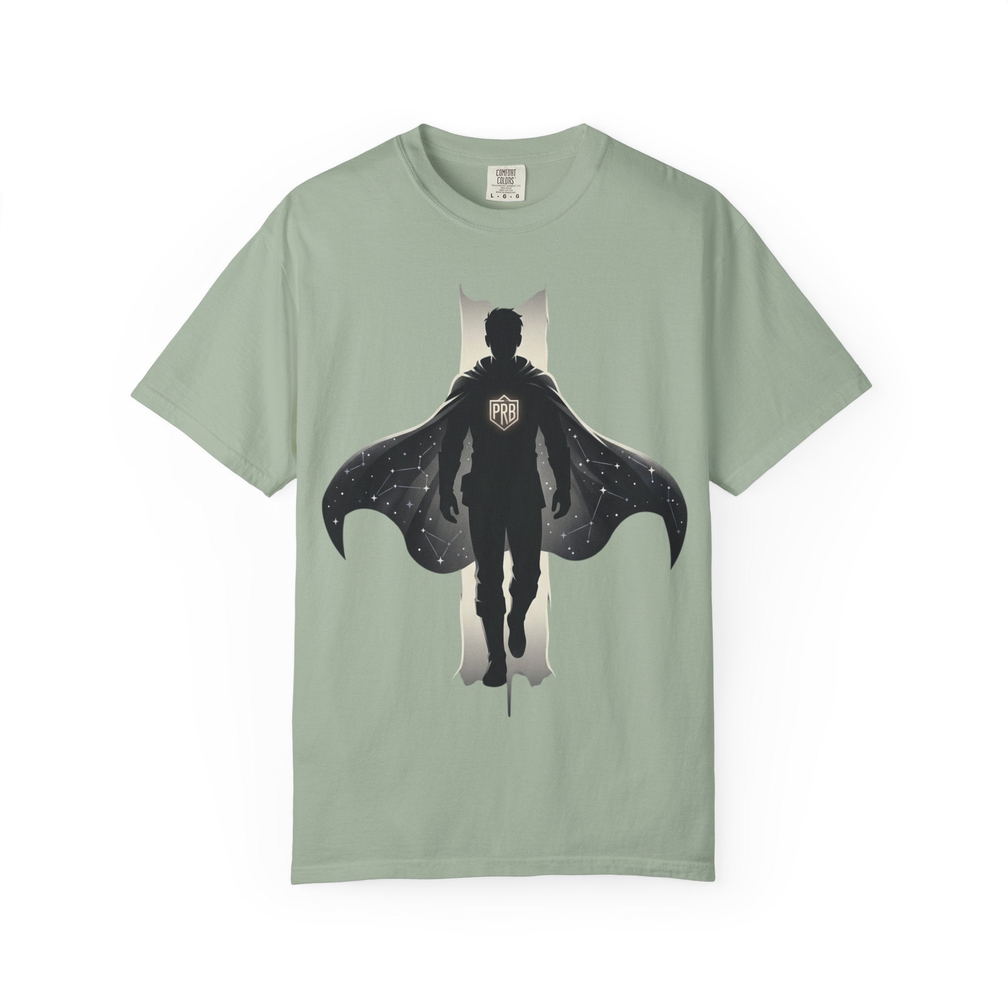 Power Runs Black Silhouette PRB Superhero with Cape T-shirt | Night Sky Emblem, Graphic Tee by Printify