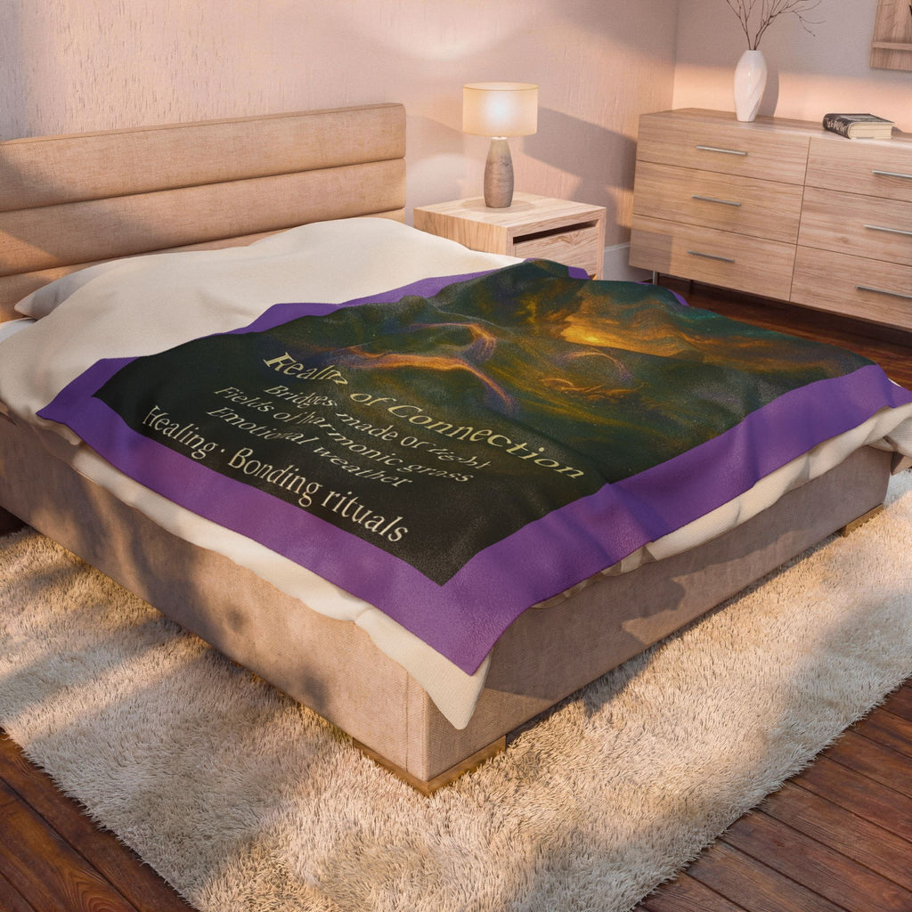 PRB Realm of Connection velveteen plush blanket | ethereal landscape, light bridges, healing text by Power Runs Black