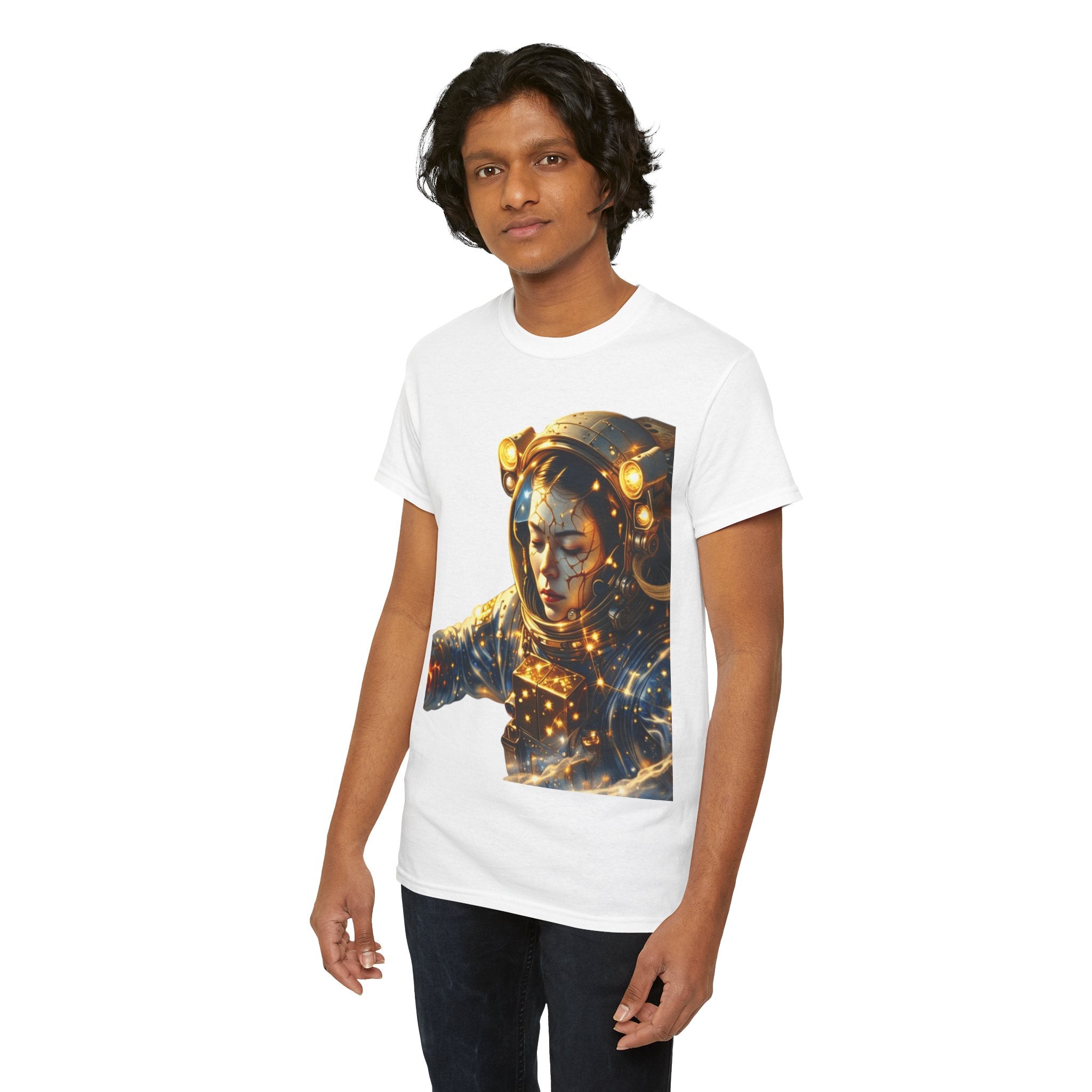 Power Runs Black PRB Golden Astronaut Portrait T-Shirt | Space Helmet Art, Cosmic Lights by Printify