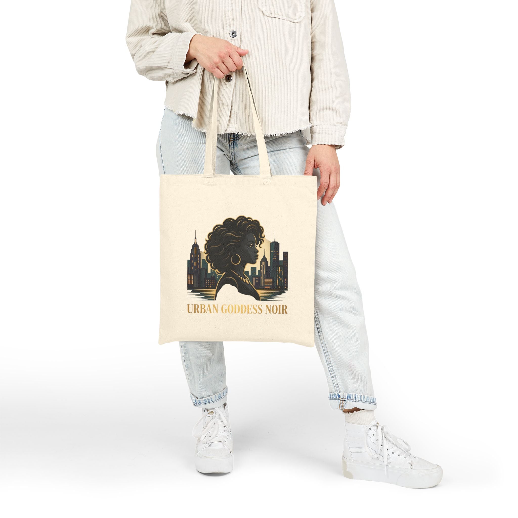 Power Runs Black PRB Urban Goddess Noir Cotton Tote Bag – City Skyline Afrocentric Eco Shopper by Power Runs Black
