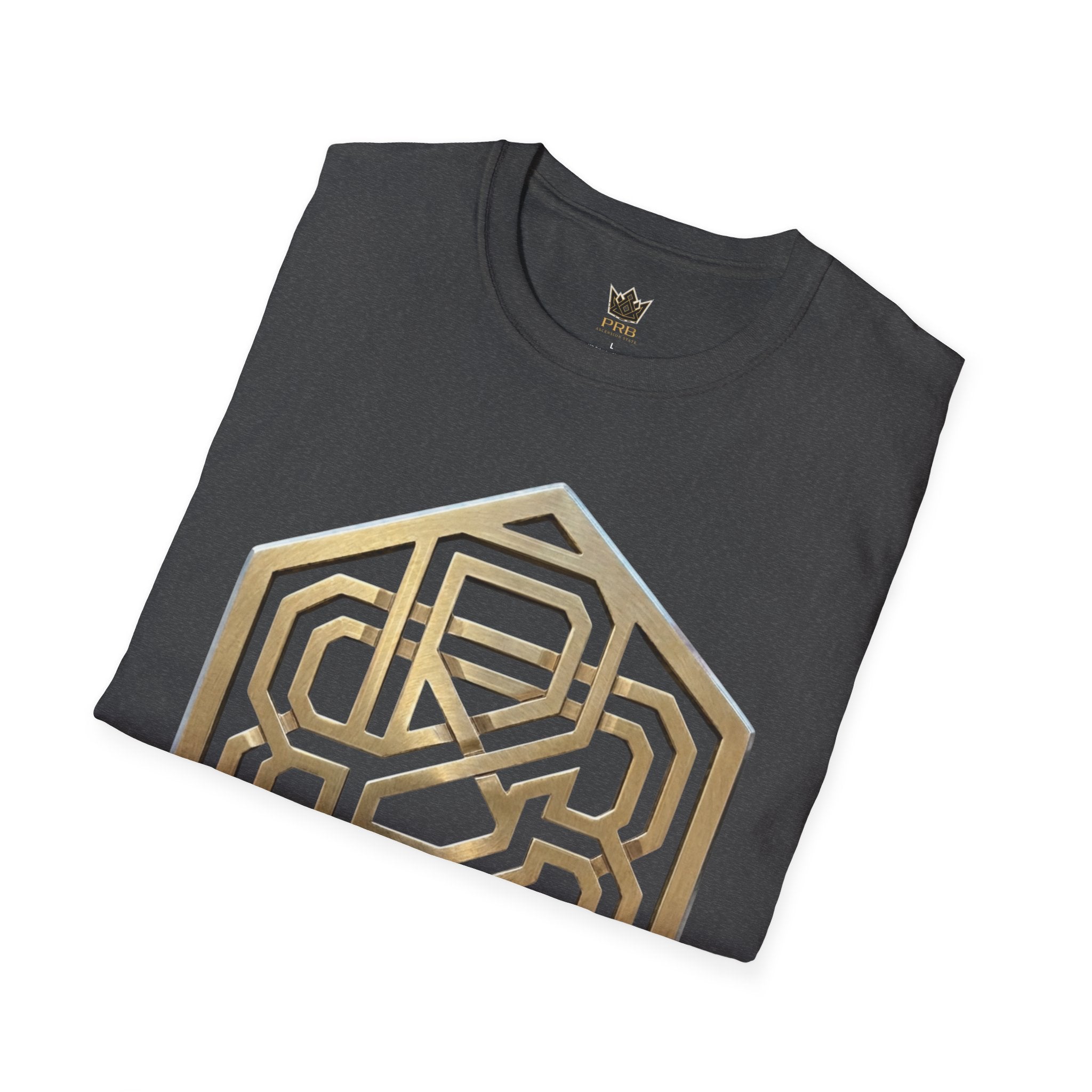 Power Runs Black PRB Geometric Gold Hexagon T-Shirt — Modern Maze Logo Tee by Printify