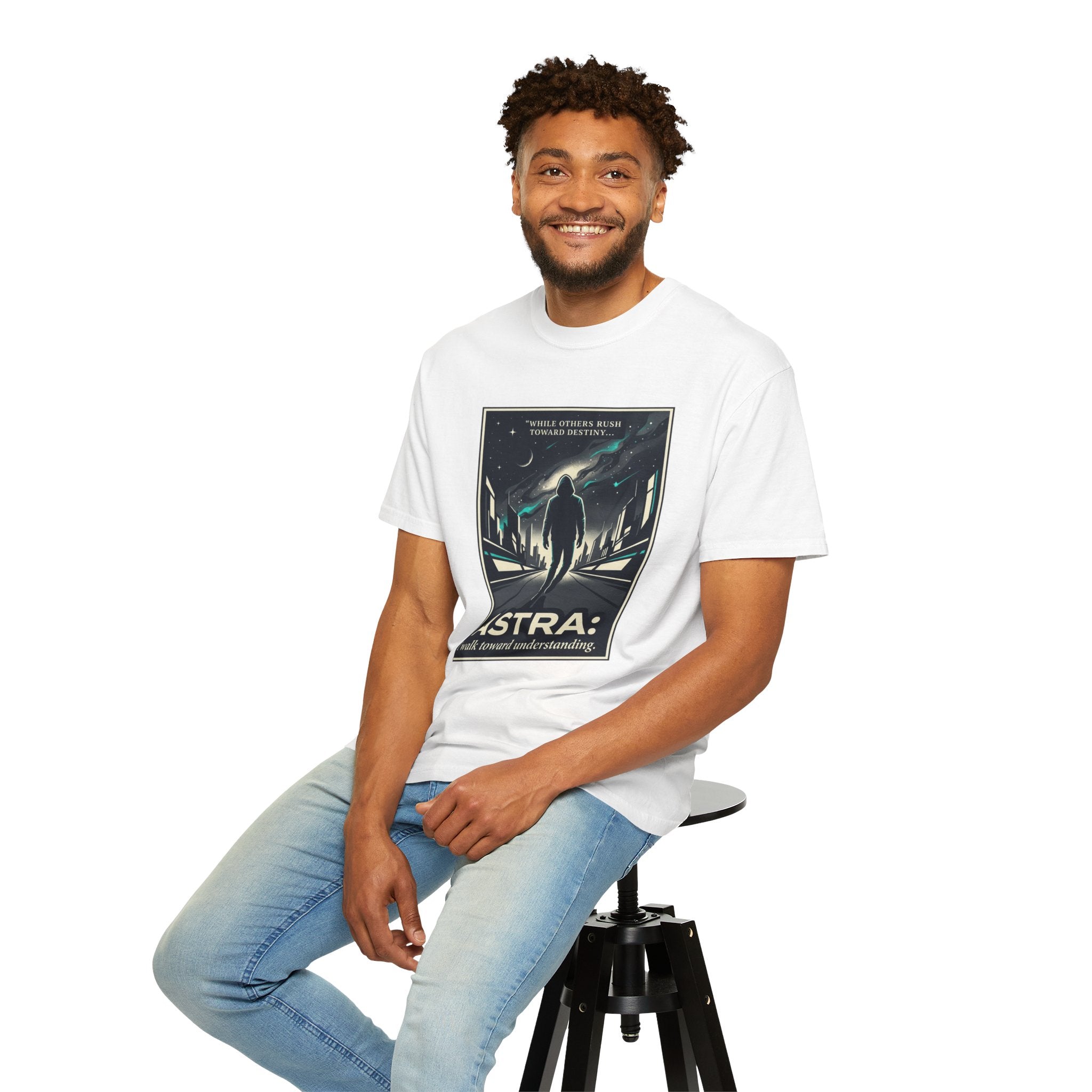 Power Runs Black Astra Sci‑Fi Graphic T-Shirt — "I walk toward understanding" Poster Design by Power Runs Black