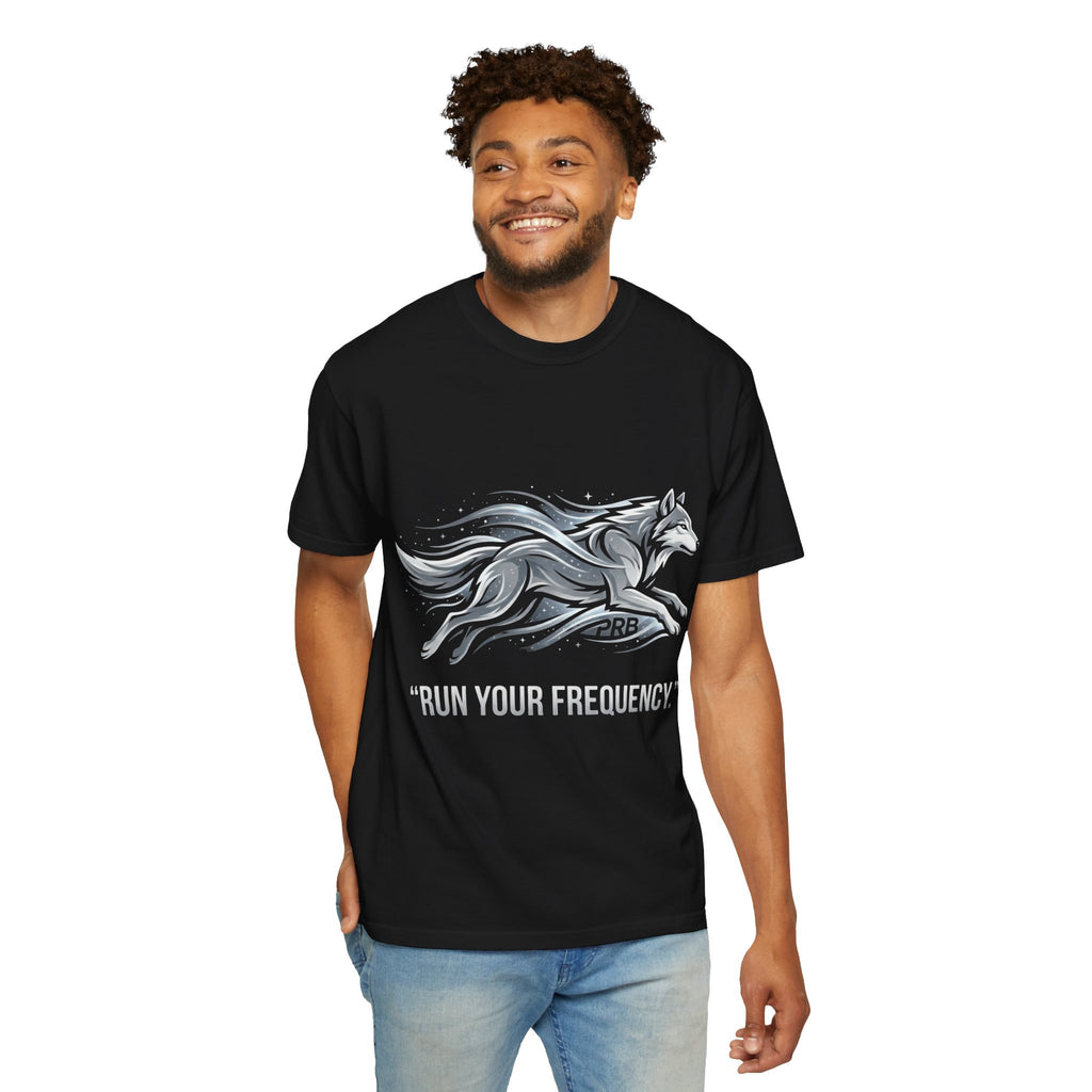 Wolf Graphic T-Shirt — 'Run Your Frequency' Motivational Tee by Printify