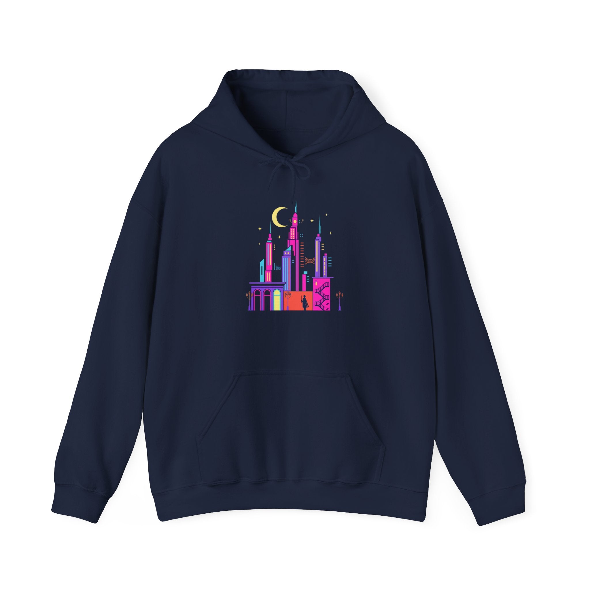 PRB Colorful City Skyline Hoodie – Vibrant Nighttime Urban Graphic by Power Runs Black