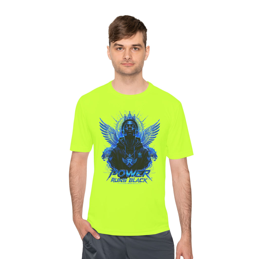 Power Runs Black graphic Tee | Blue angel wings, armored figure, bold script by Power Runs Black
