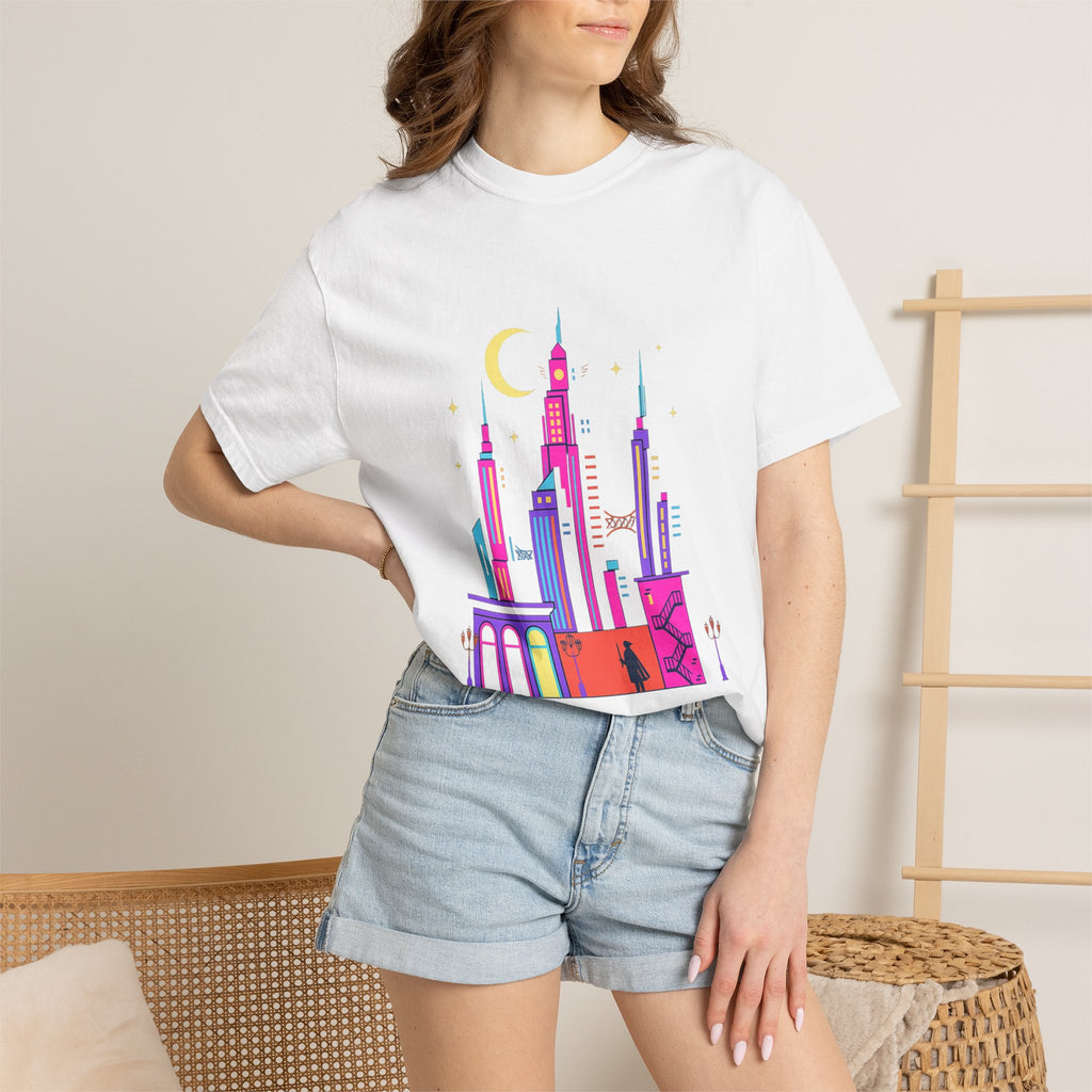 Power Runs Black PRB Neon City Skyline T-shirt | Vibrant Urban Nightscape Tee by Printify