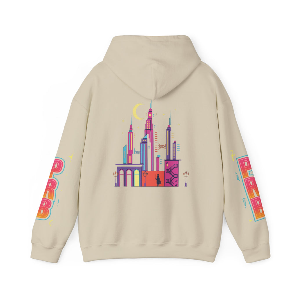 PRB Graphic Hoodie — Colorful Cityscape Pullover by Power Runs Black