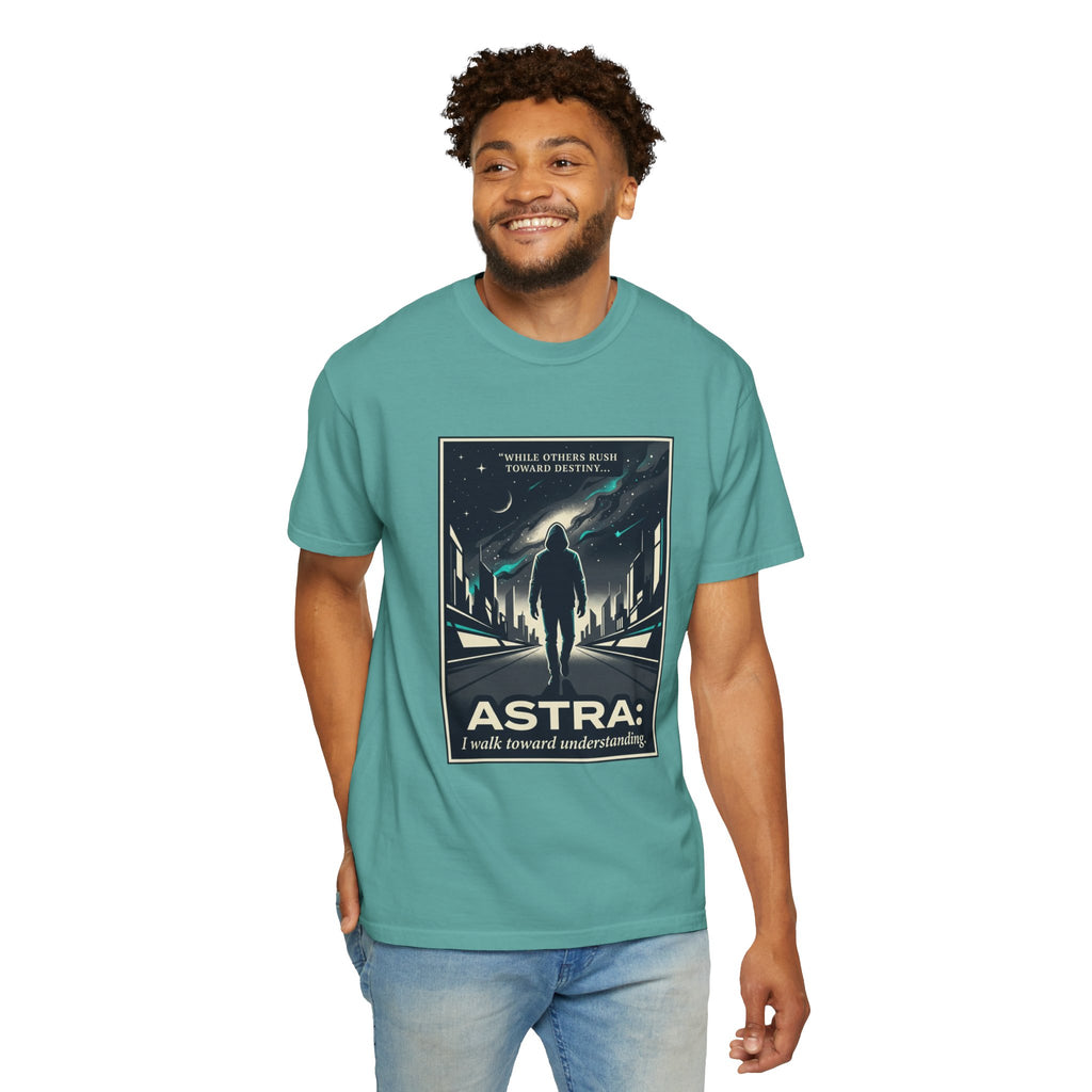 Power Runs Black Astra Sci‑Fi Graphic T-Shirt — "I walk toward understanding" Poster Design by Power Runs Black