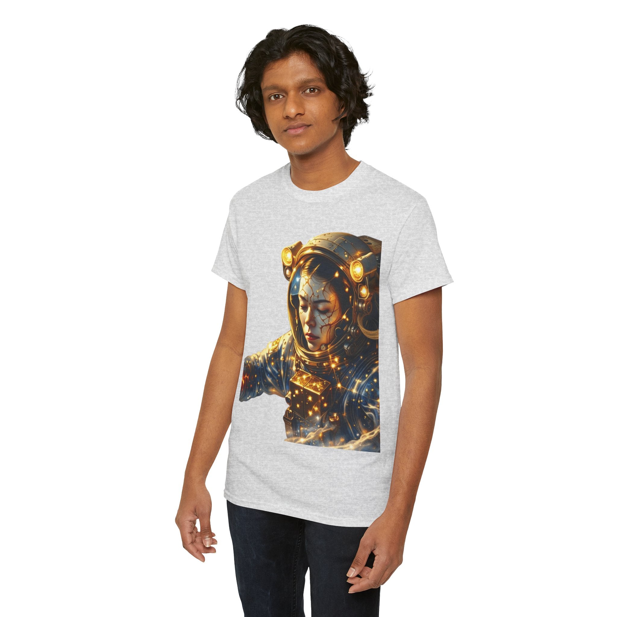 Power Runs Black PRB Golden Astronaut Portrait T-Shirt | Space Helmet Art, Cosmic Lights by Printify