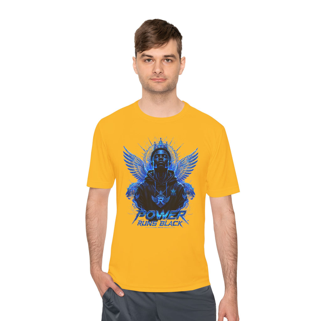 Power Runs Black graphic Tee | Blue angel wings, armored figure, bold script by Power Runs Black