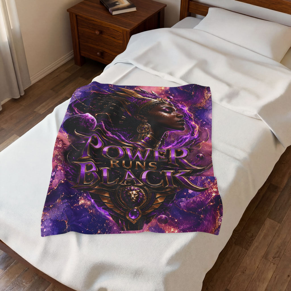 Power Runs Black Velveteen Plush Blanket - "Power Runs Black" Inspirational Afrocentric Throw Blanket by Power Runs Black