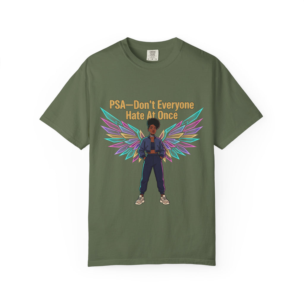 T-Shirt — PSA “Don't Everyone Hate At Once” Angel Wings Graphic Tee by Printify