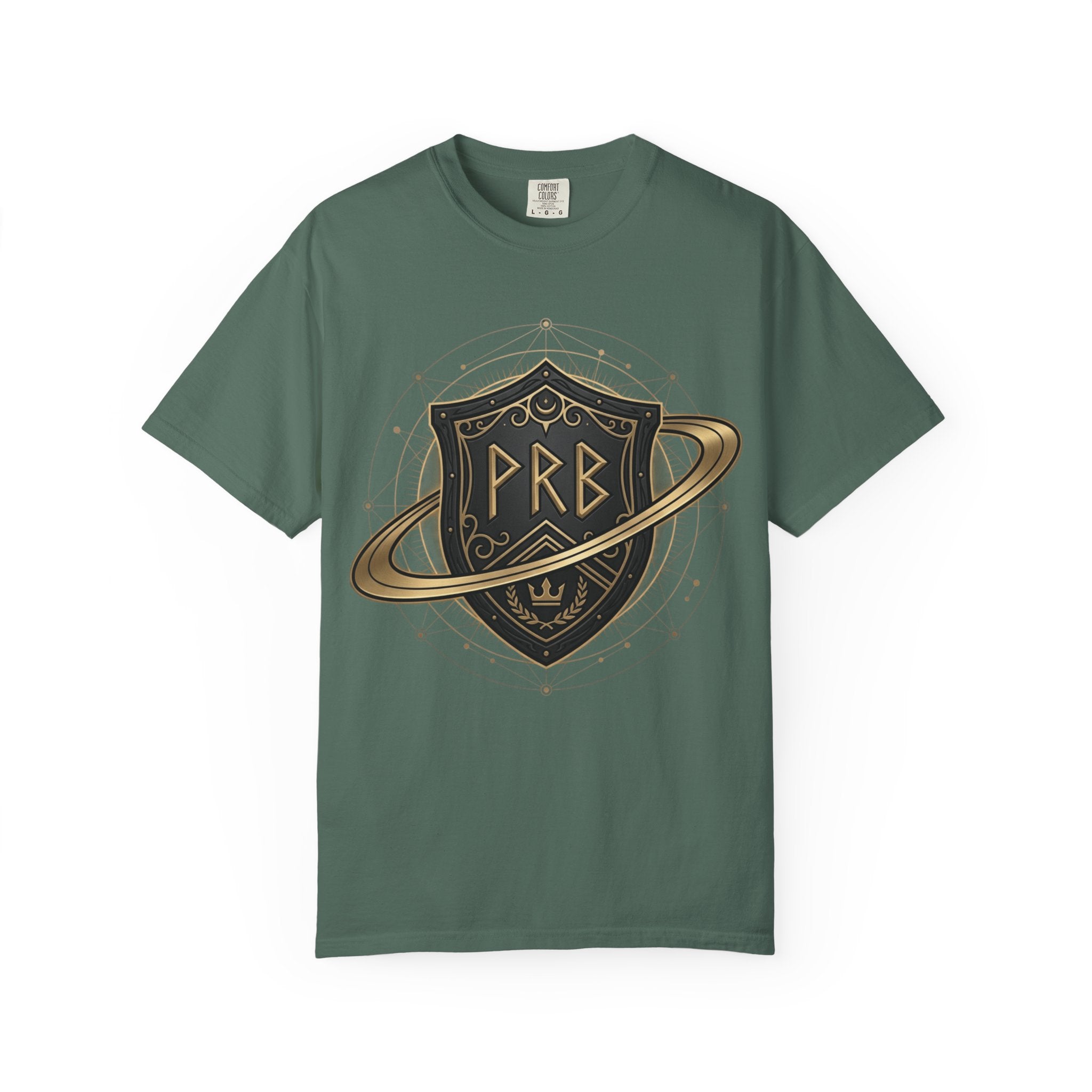 Power Runs Black Astral Crest Shield PRB T-Shirt | Saturn Ring Emblem, Gothic Heraldry by Printify