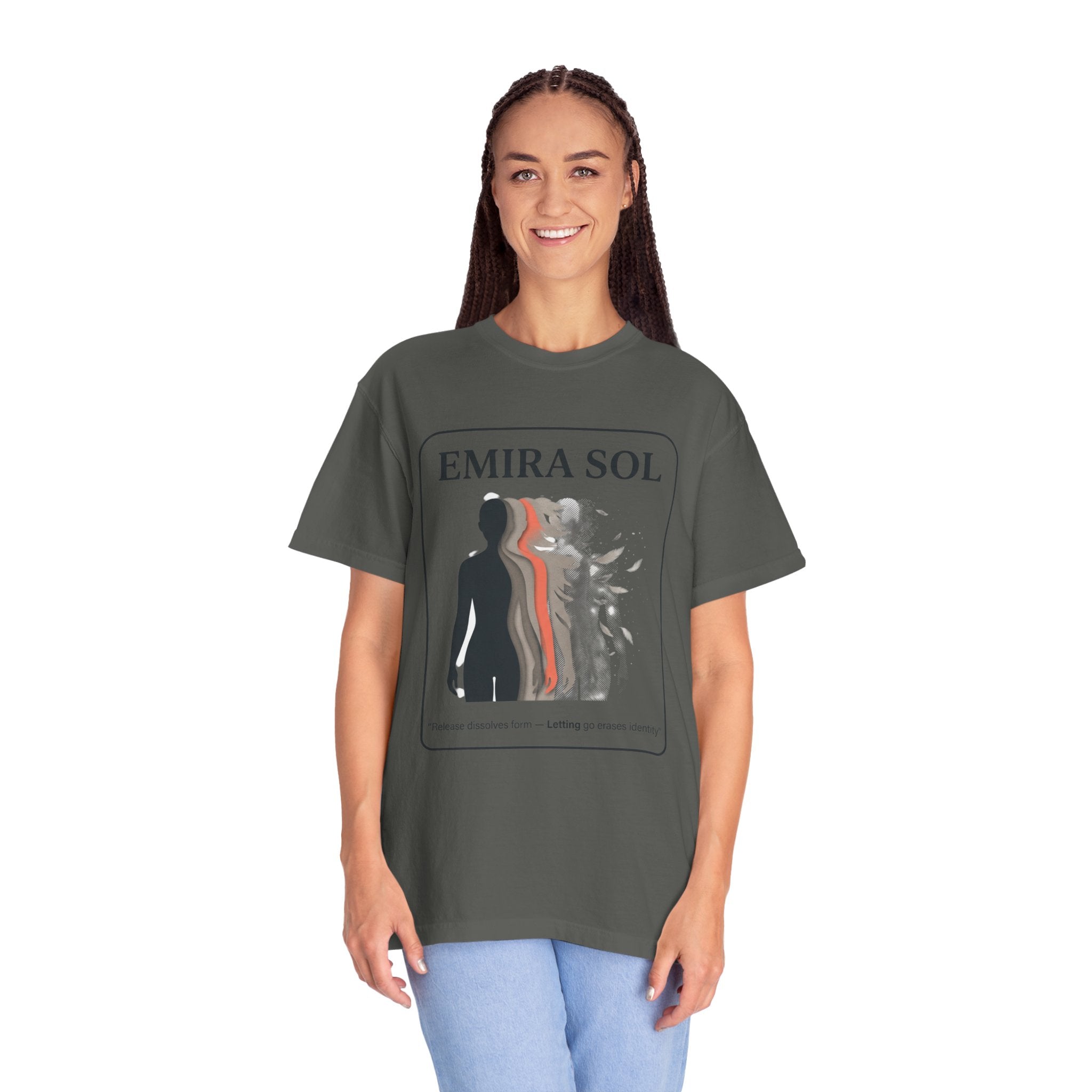 Power Runs Black PRB Emira Sol Graphic T-Shirt — Silhouette Art "Release Shadows" Tee by Printify