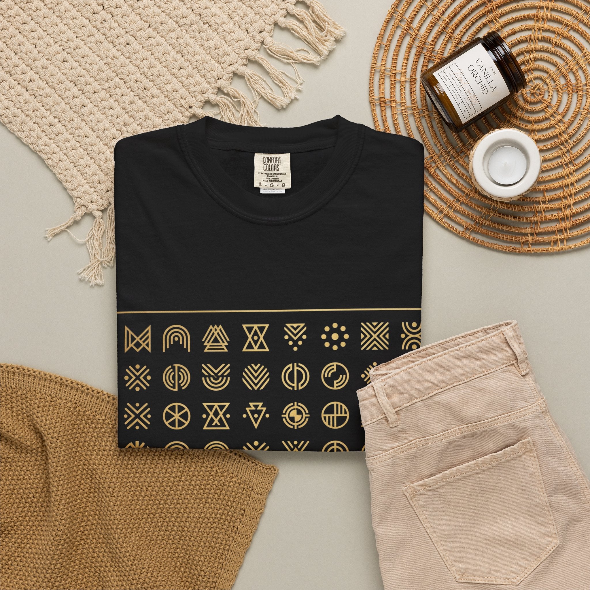Power Runs Black PRB Symbol Grid T-Shirt — Minimal Gold Icon Graphic Tee by Printify