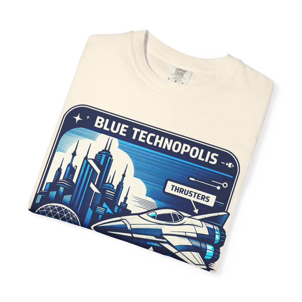 Power Runs Black PRB Technopolis Spacecraft T-Shirt — Blue Technopolis Retro Sci‑Fi Tee by Printify