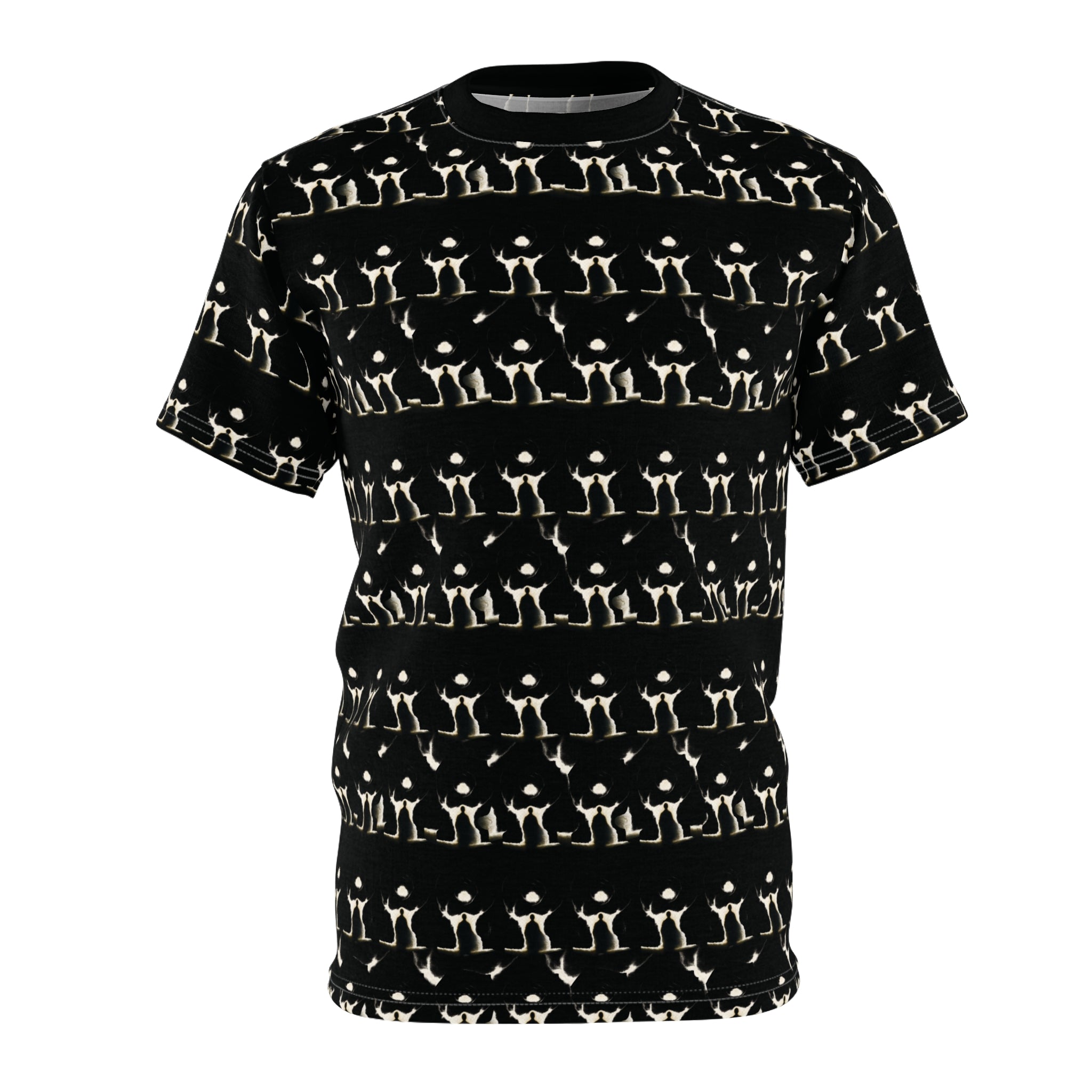 PRB Allover Black Skeleton Pattern Tee — Goth Halloween Cut & Sew Shirt by Power Runs Black