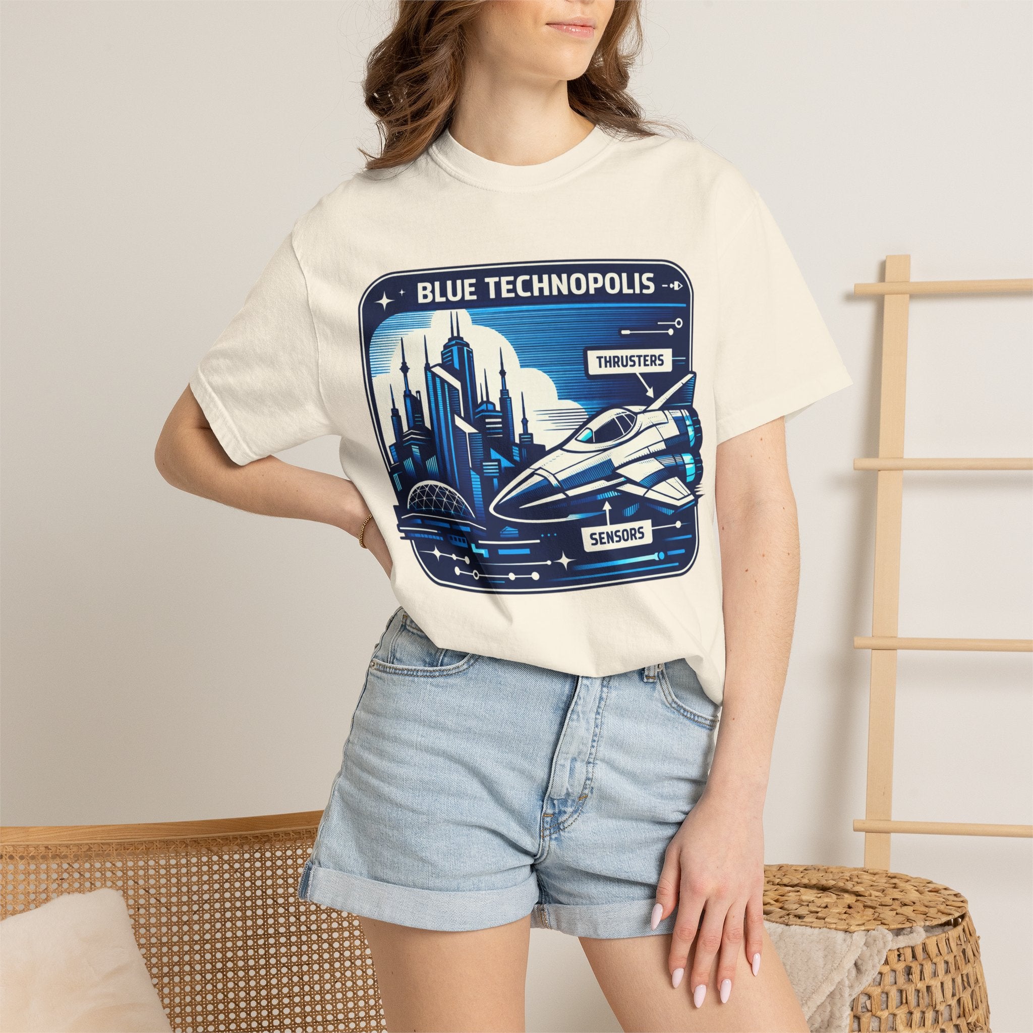 Power Runs Black PRB Technopolis Spacecraft T-Shirt — Blue Technopolis Retro Sci‑Fi Tee by Power Runs Black