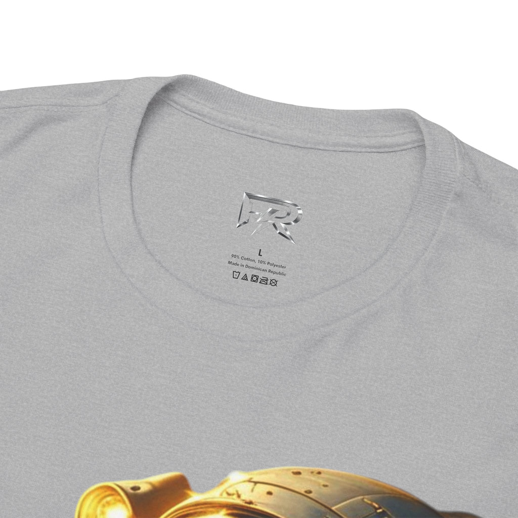 Power Runs Black PRB Golden Astronaut Portrait T-Shirt | Space Helmet Art, Cosmic Lights by Printify
