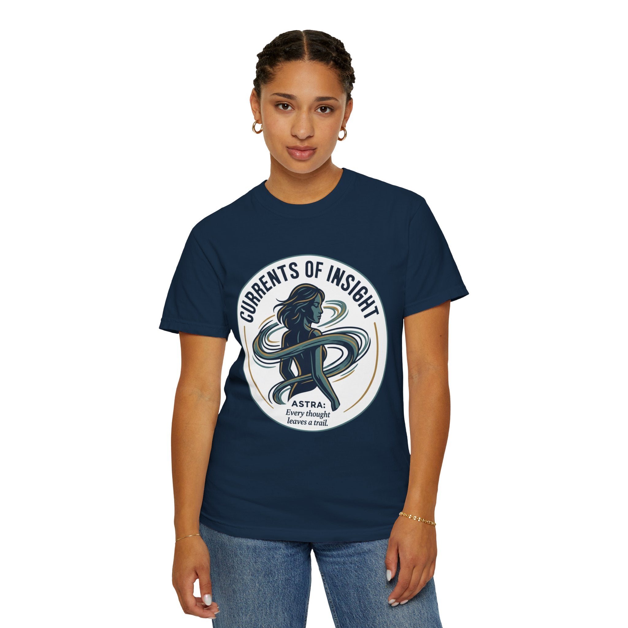 Power Runs Black Currents of Insight T-Shirt — 'Astra: Every thought leaves a trail' Graphic Tee by Power Runs Black