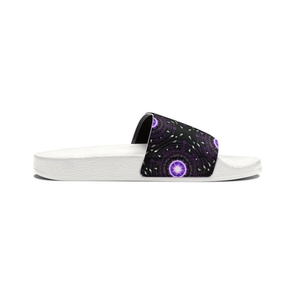 Power Runs Black Men's Removable-Strap Slide Sandals — Purple Cosmic Mandala Pattern by Power Runs Black