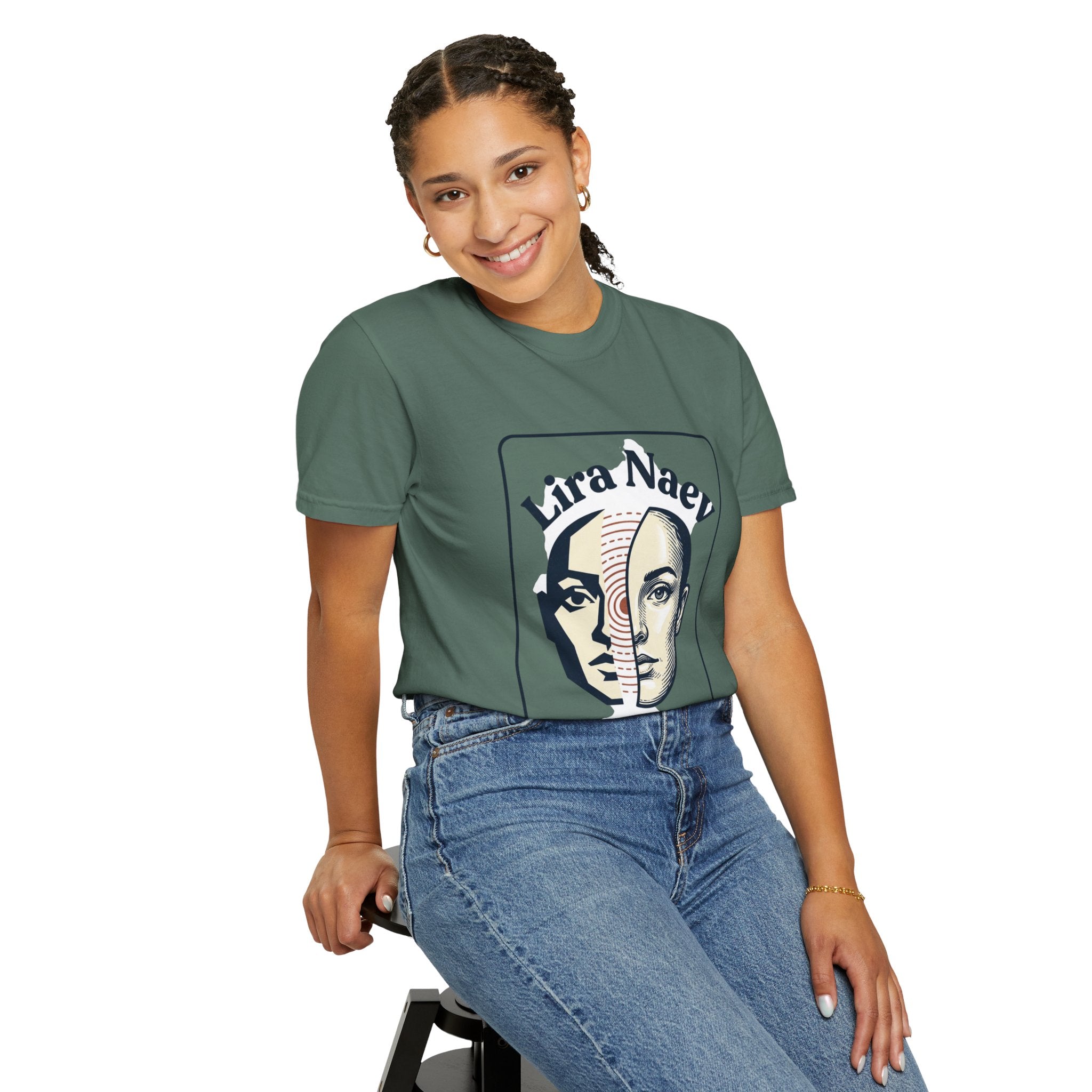 Power Runs Black PRB Lira Naev Split-Face Graphic T-Shirt — “Perception shifts the center” Statement Tee by Printify