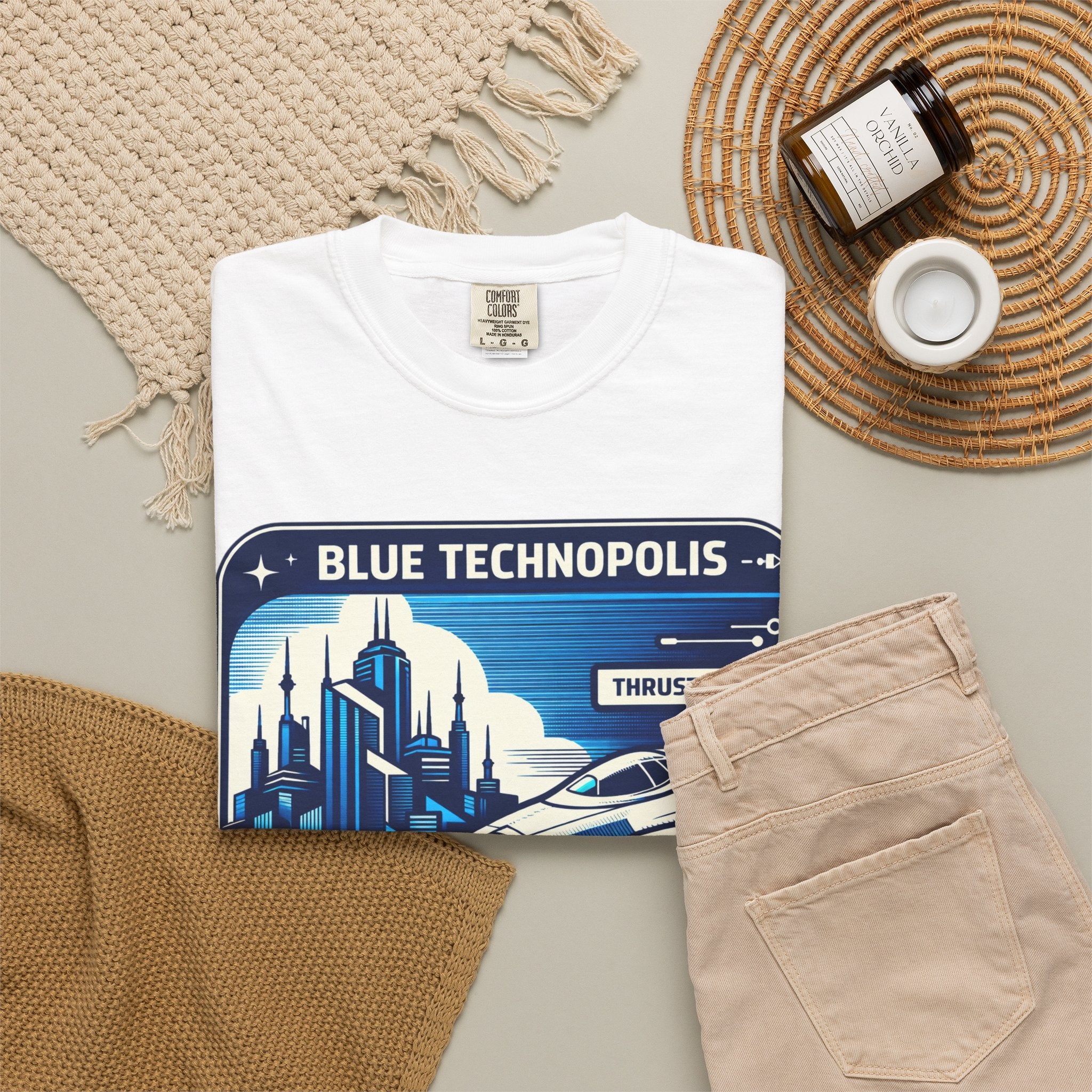 Power Runs Black PRB Technopolis Spacecraft T-Shirt — Blue Technopolis Retro Sci‑Fi Tee by Printify