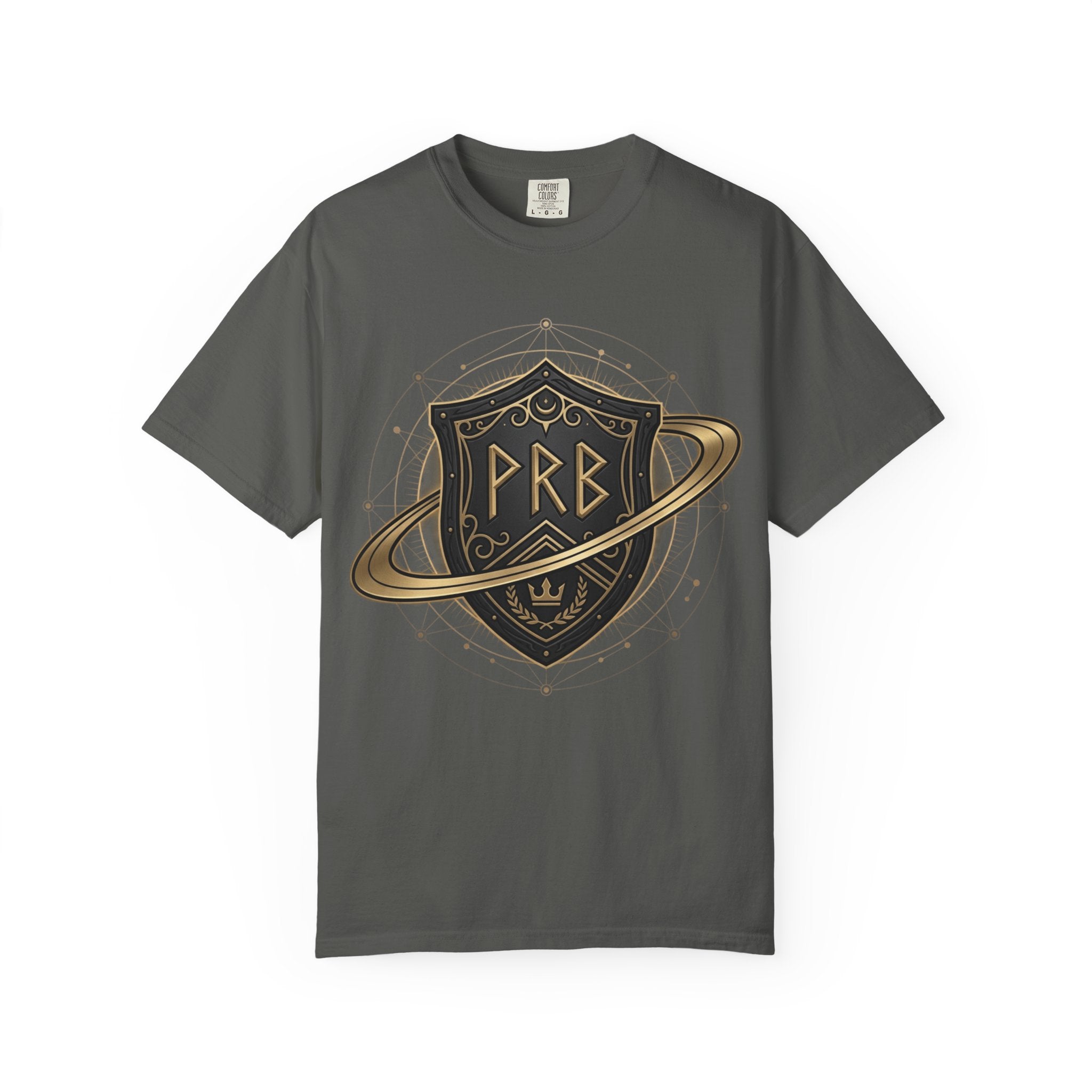 Power Runs Black Astral Crest Shield PRB T-Shirt | Saturn Ring Emblem, Gothic Heraldry by Printify
