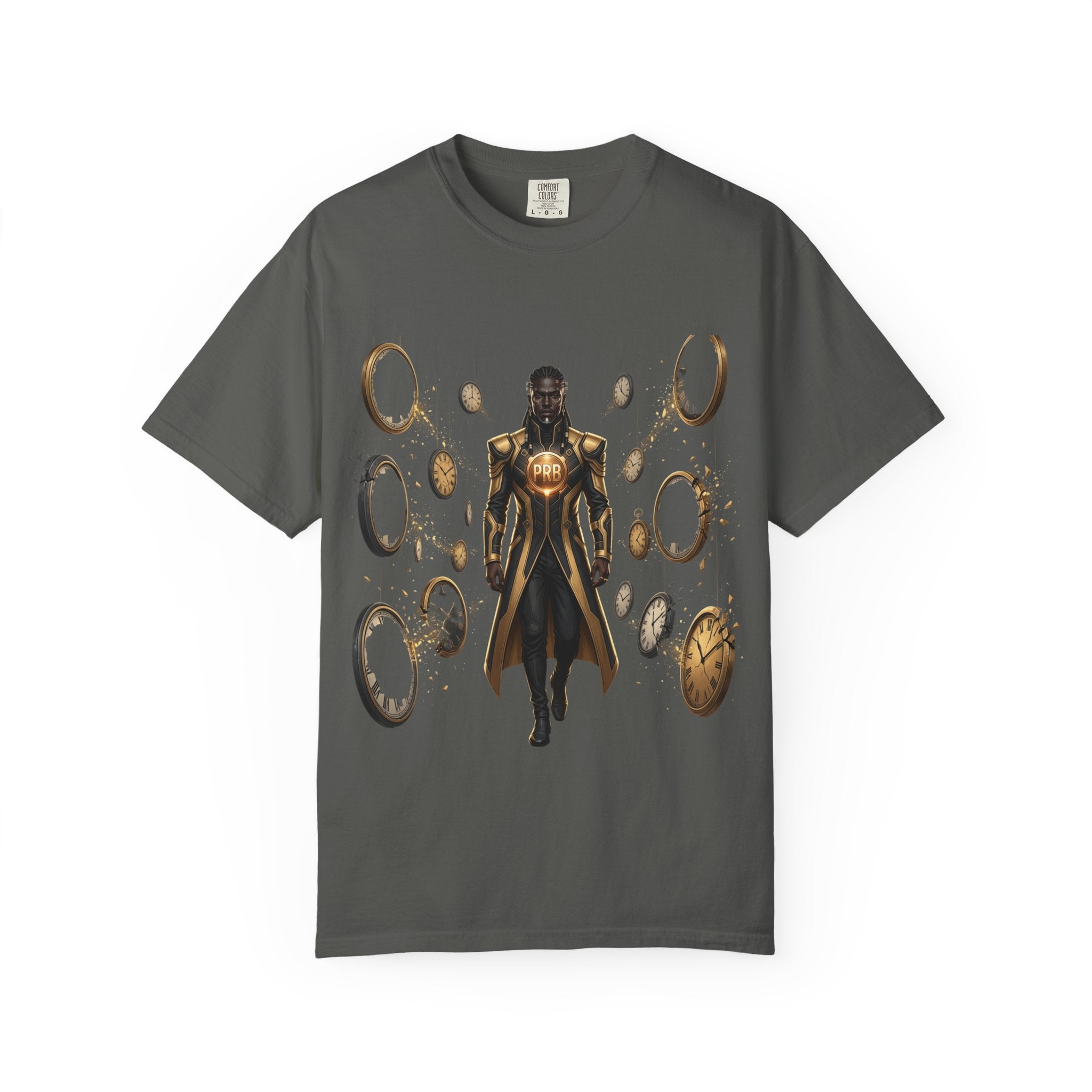 Printify PRB Time Mage Character Art T-Shirt | Floating Clocks, Fantasy Magic - T-Shirt