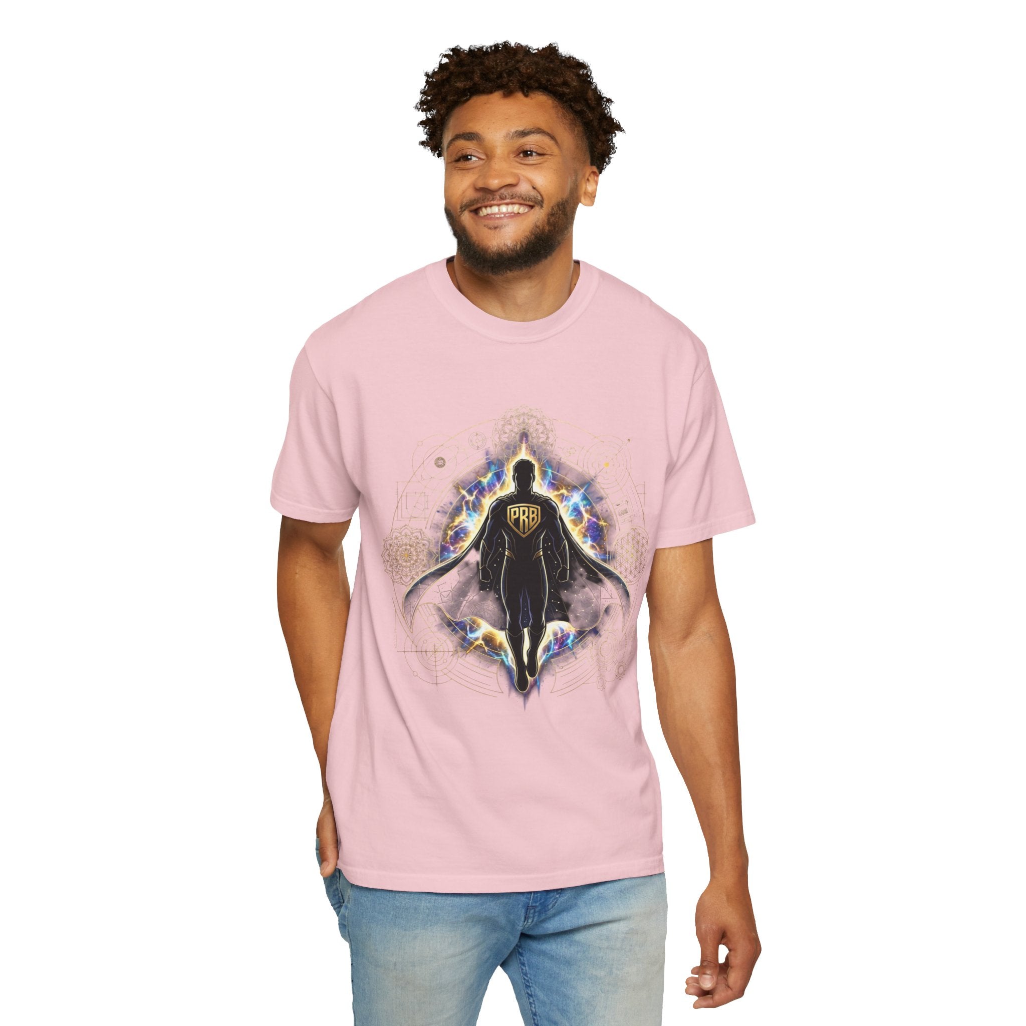 PRB Mystic Cloaked Hero Graphic T-Shirt | Cosmic Aura Geometric Streetwear Tee by Printify
