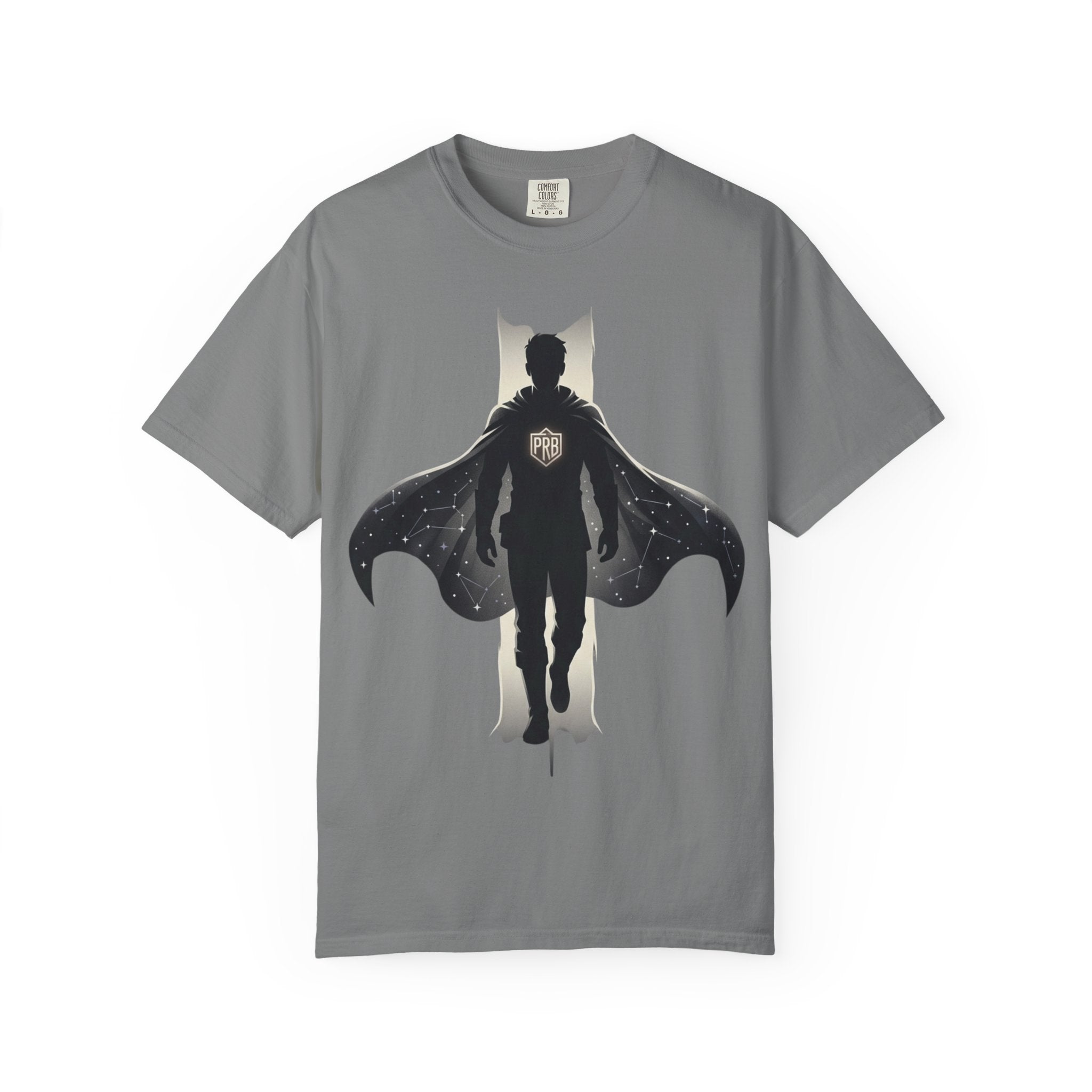 Power Runs Black Silhouette PRB Superhero with Cape T-shirt | Night Sky Emblem, Graphic Tee by Printify