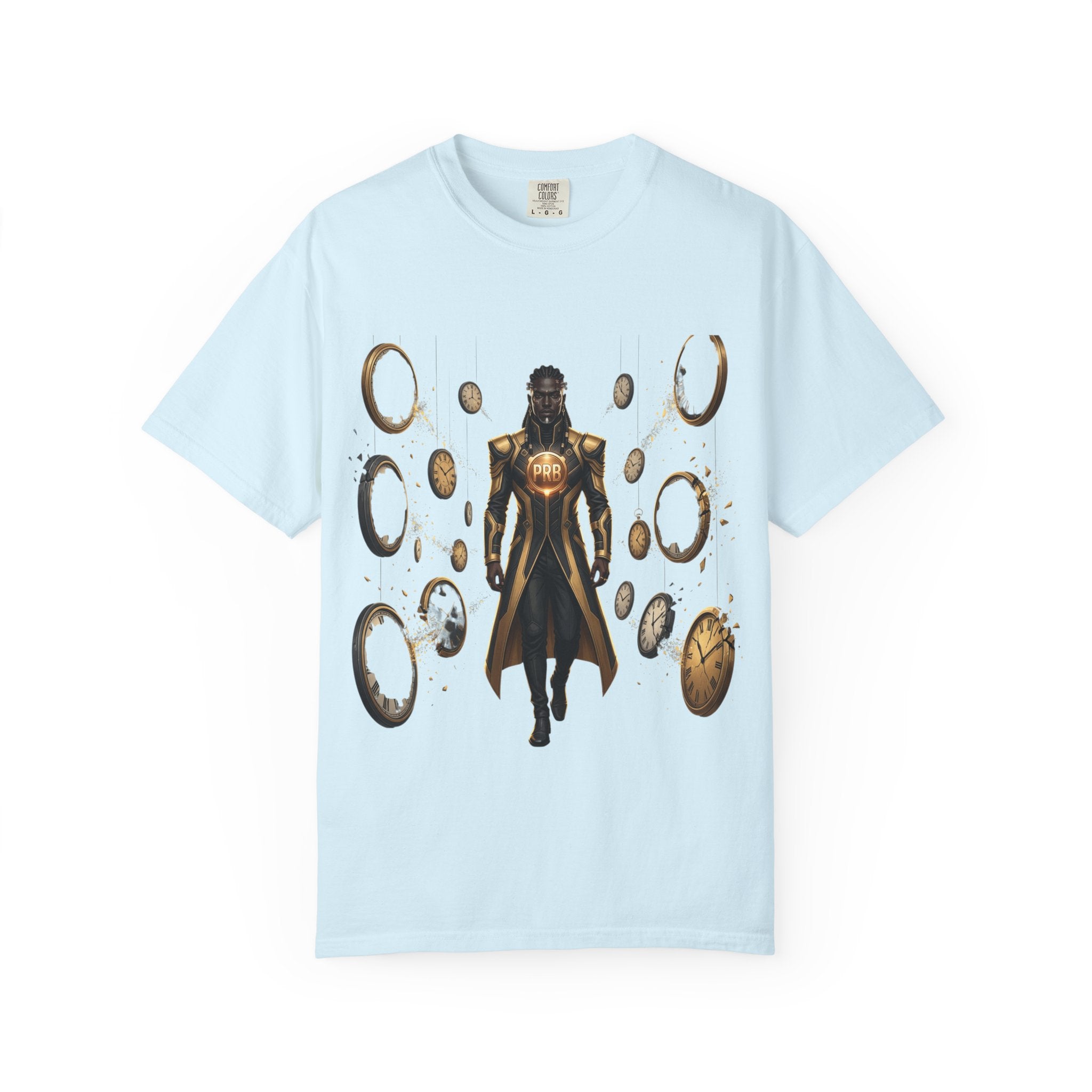 Printify PRB Time Mage Character Art T-Shirt | Floating Clocks, Fantasy Magic - T-Shirt