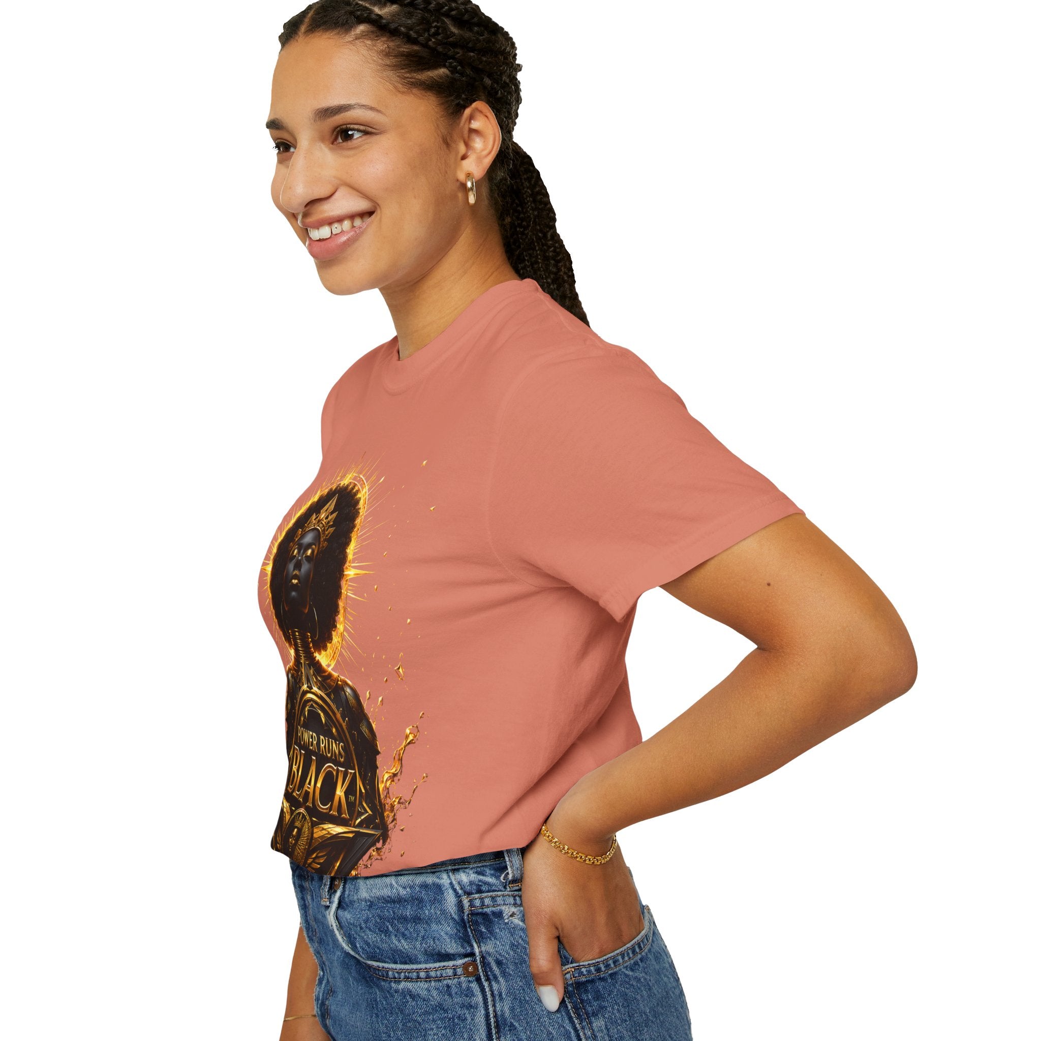Power Runs Black goddess illustration T-Shirt | Afrocentric black pride design by Power Runs Black