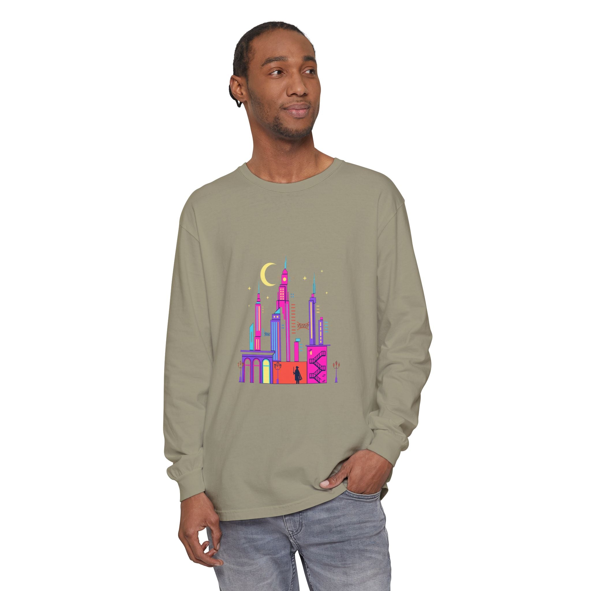 PRB Neon City Skyline Long Sleeve Shirt | Urban Nightscape Illustration by Power Runs Black