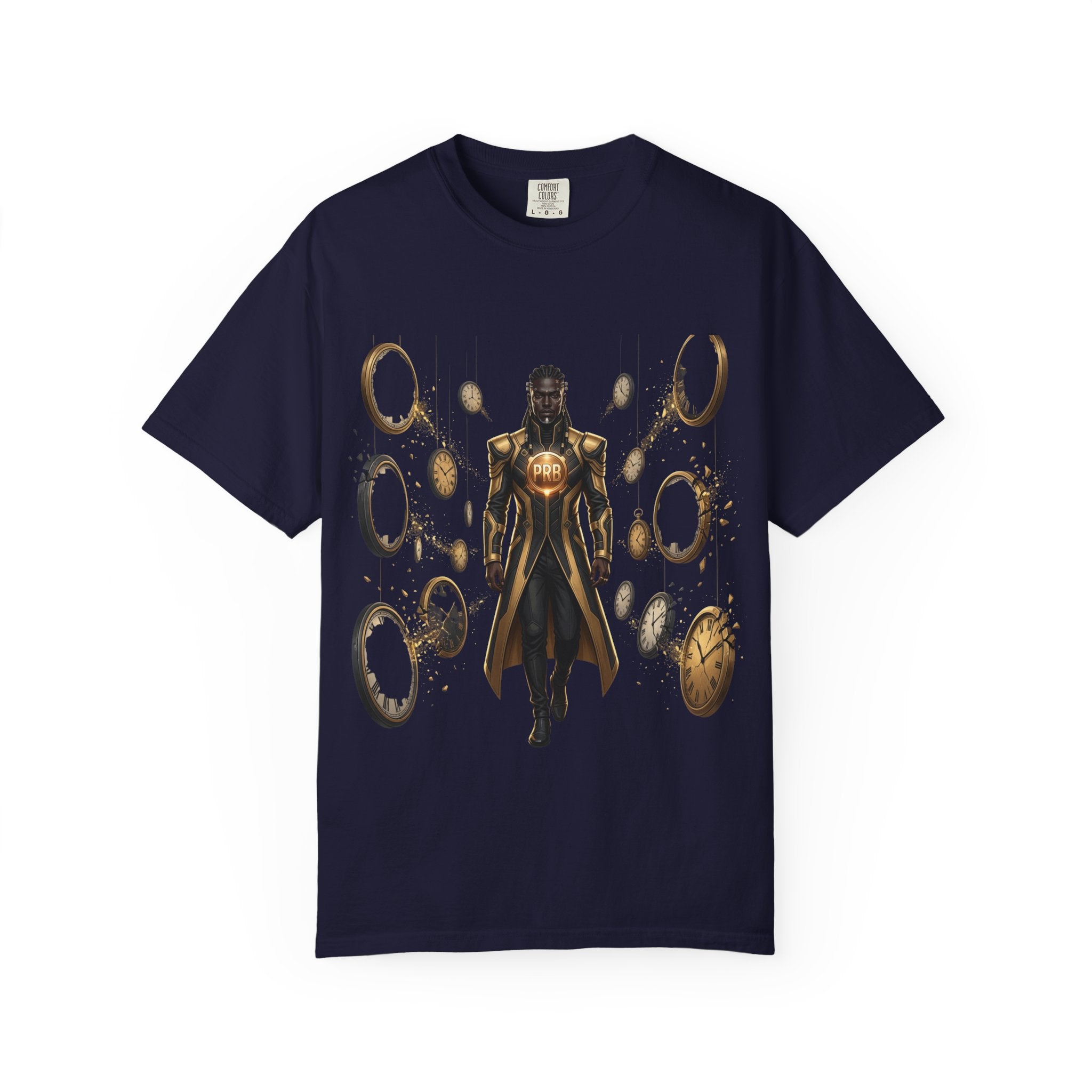 Printify PRB Time Mage Character Art T-Shirt | Floating Clocks, Fantasy Magic - T-Shirt