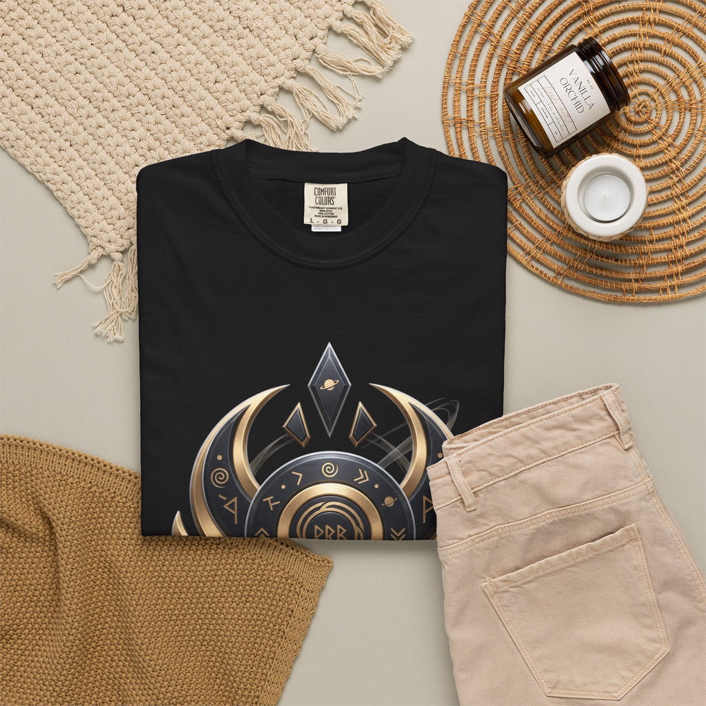 Power Runs Black Mystic Compass Disc T-Shirt — Geometric Gold & Black Emblem Tee by Printify