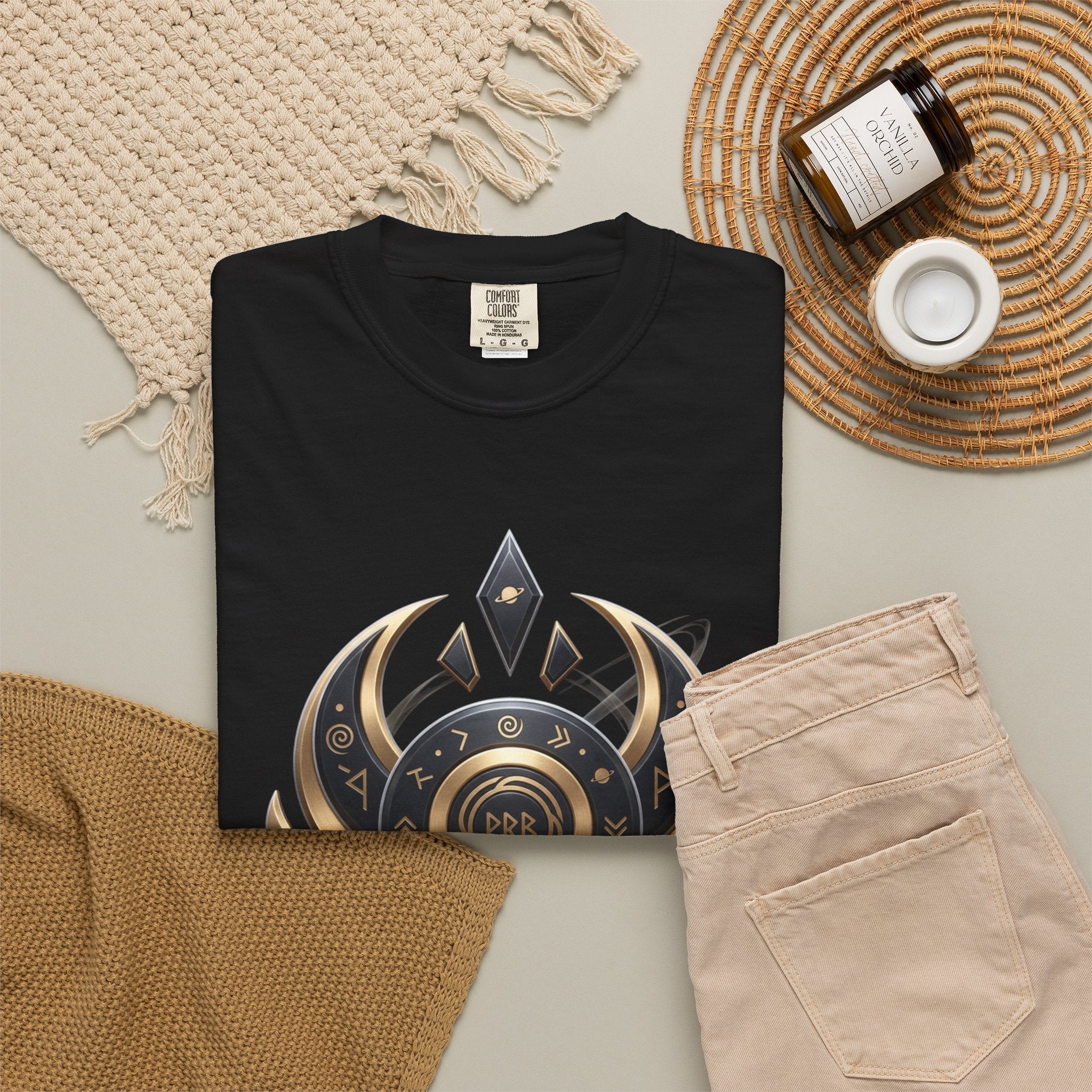 Power Runs Black Mystic Compass Disc T-Shirt — Geometric Gold & Black Emblem Tee by Printify
