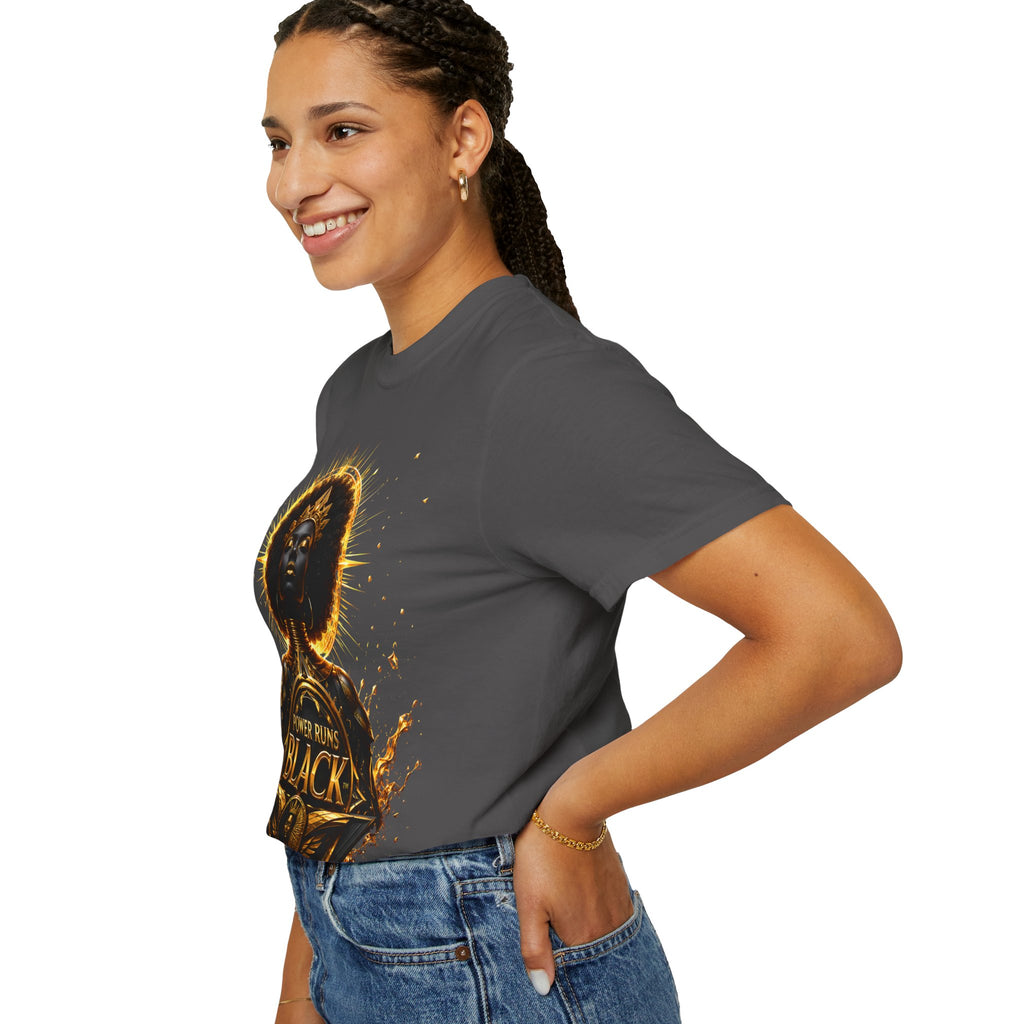 Power Runs Black goddess illustration T-Shirt | Afrocentric black pride design by Power Runs Black