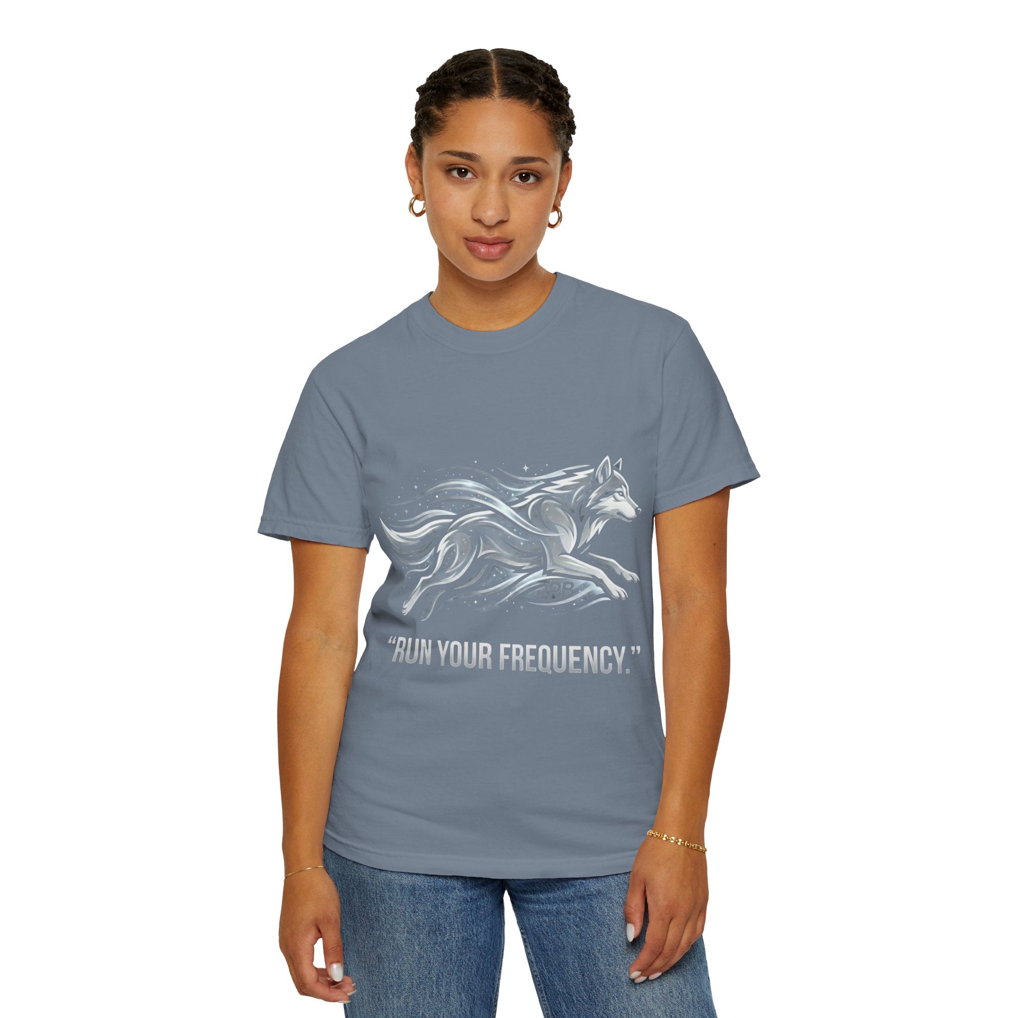 Wolf Graphic T-Shirt — 'Run Your Frequency' Motivational Tee by Printify