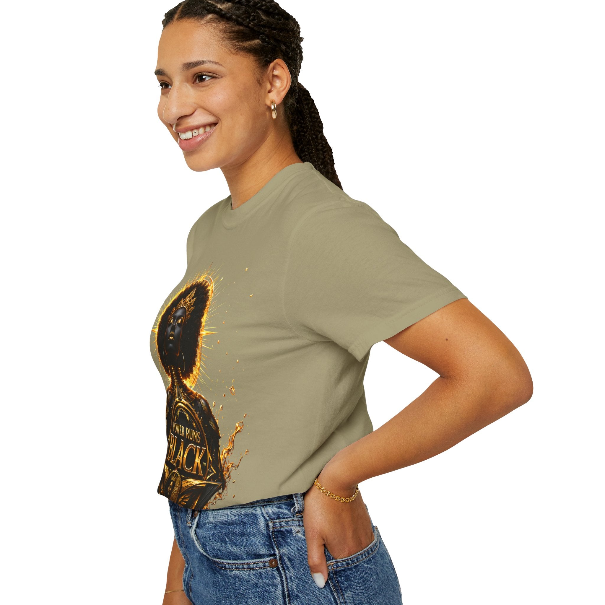 Power Runs Black goddess illustration T-Shirt | Afrocentric black pride design by Power Runs Black