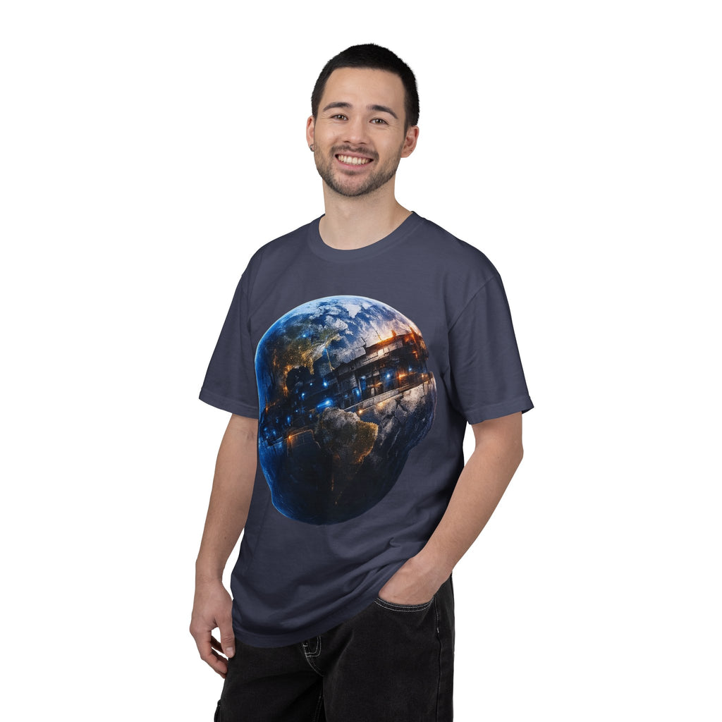 PRB Cityscape Globe T-shirt | Nighttime Earth Illustration, Urban Lights by Power Runs Black