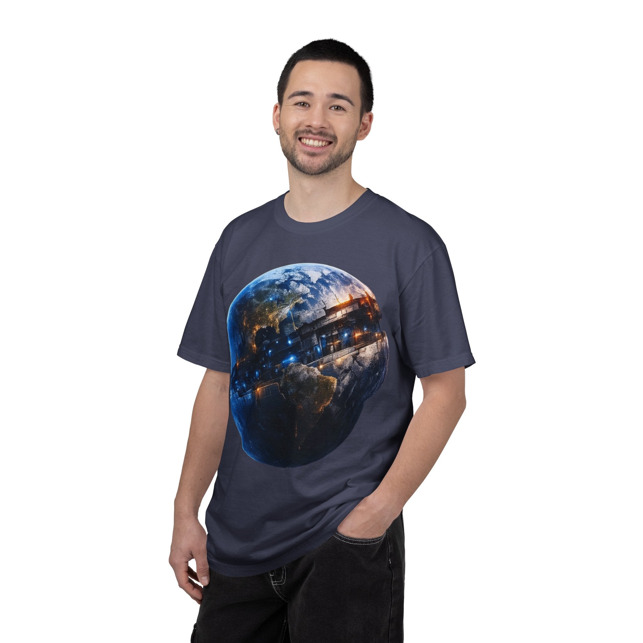 PRB Cityscape Globe T-shirt | Nighttime Earth Illustration, Urban Lights by Power Runs Black