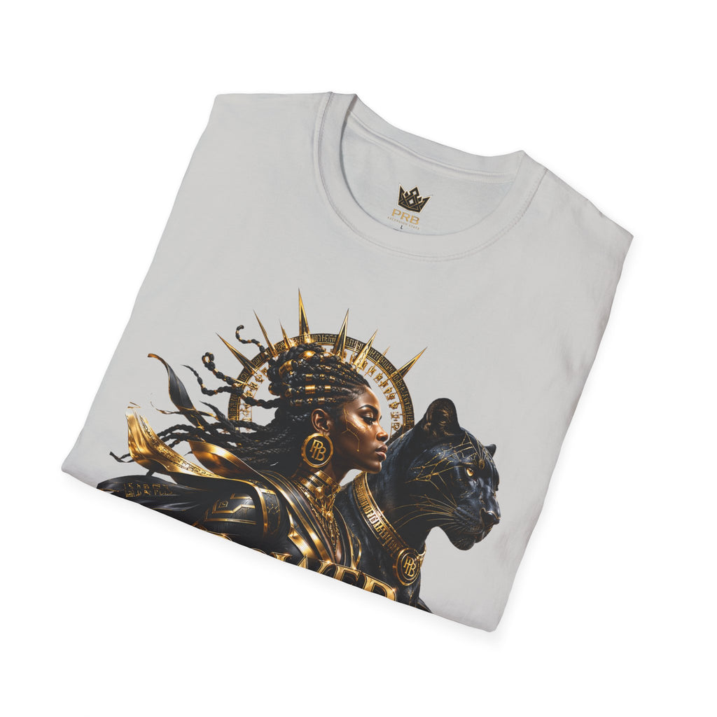 Power Runs Black PRB | Black Woman Portrait, Gold Accents Panther Graphics T by Power Runs Black