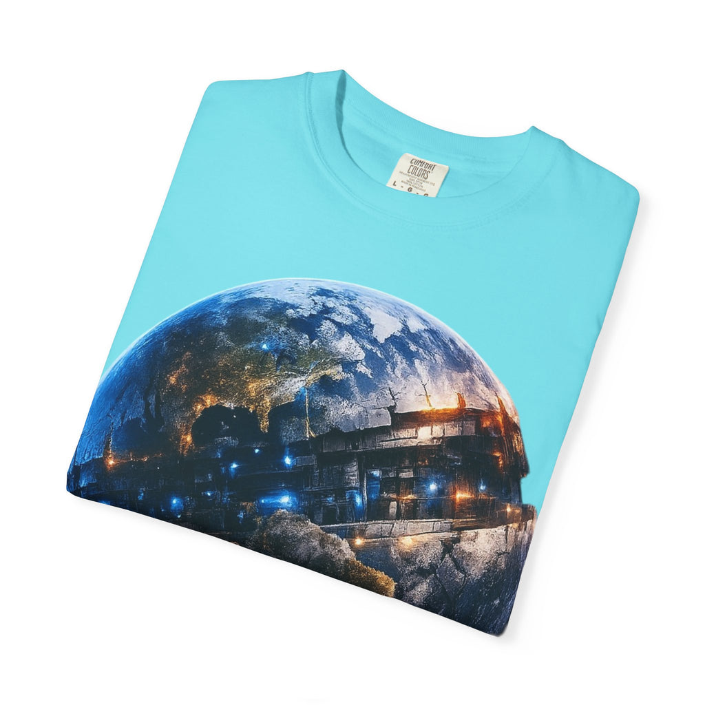 PRB Cityscape Globe T-shirt | Nighttime Earth Illustration, Urban Lights by Power Runs Black
