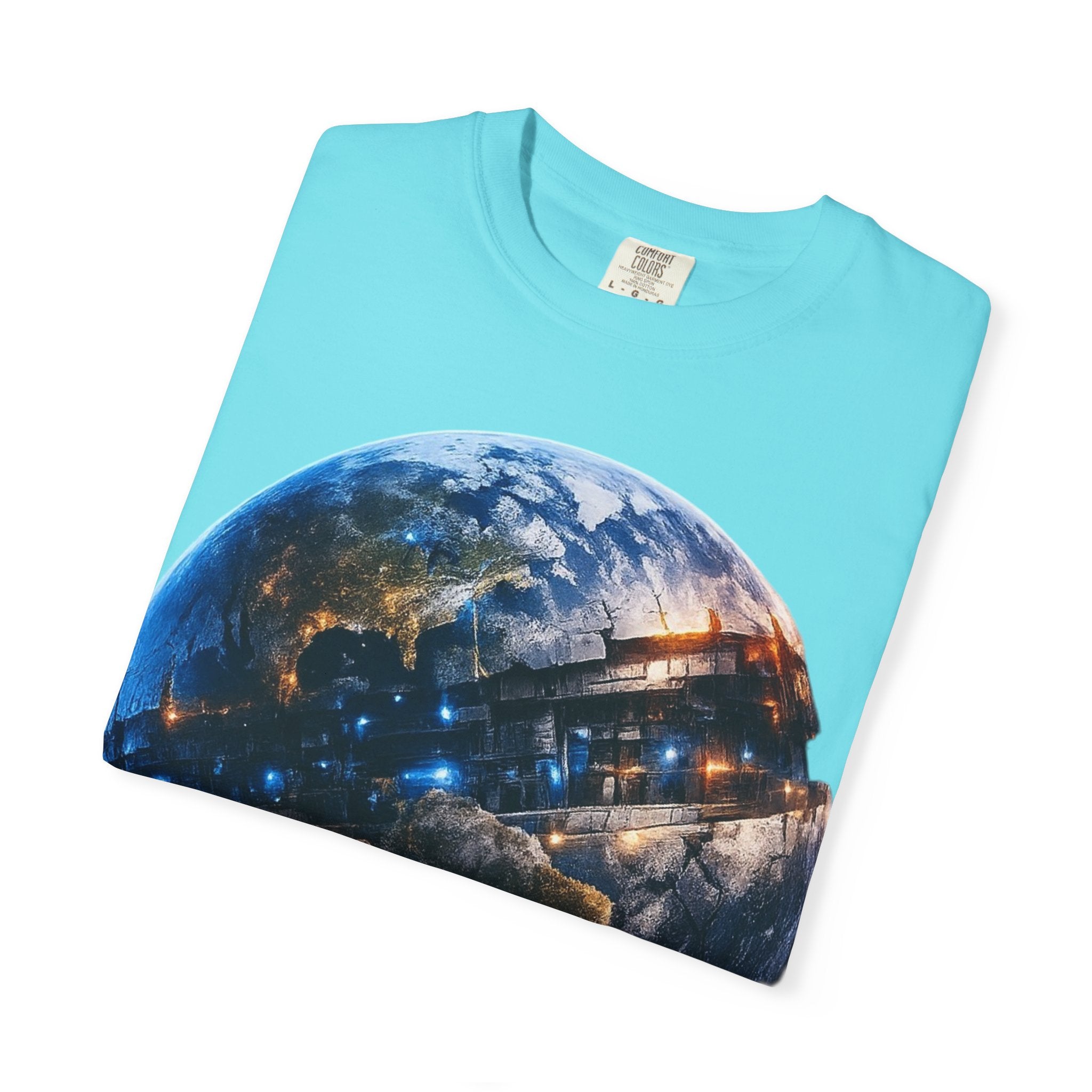 PRB Cityscape Globe T-shirt | Nighttime Earth Illustration, Urban Lights by Power Runs Black