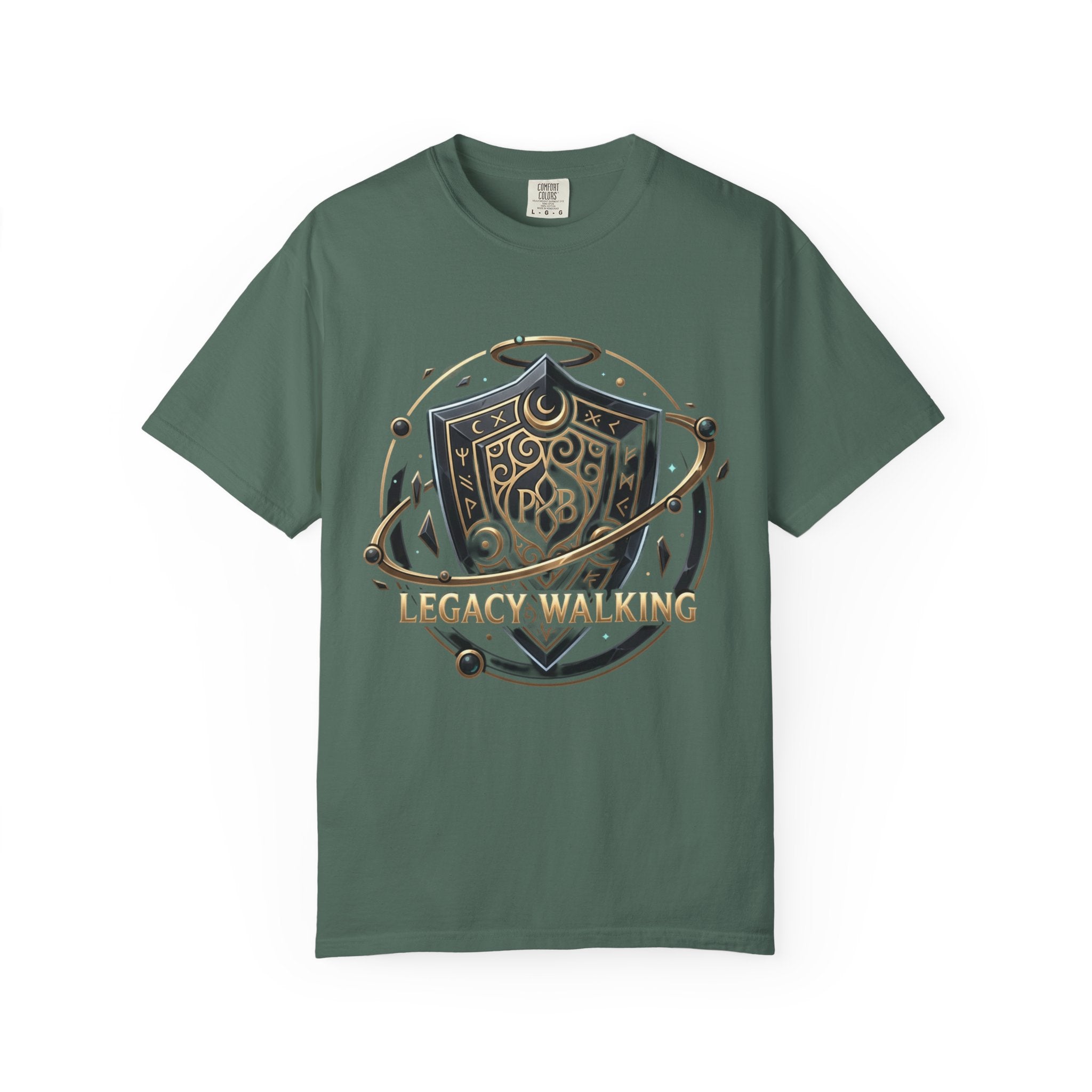 Legacy Walking Shield Graphic T-Shirt | Fantasy Crest Emblem Tee by Printify